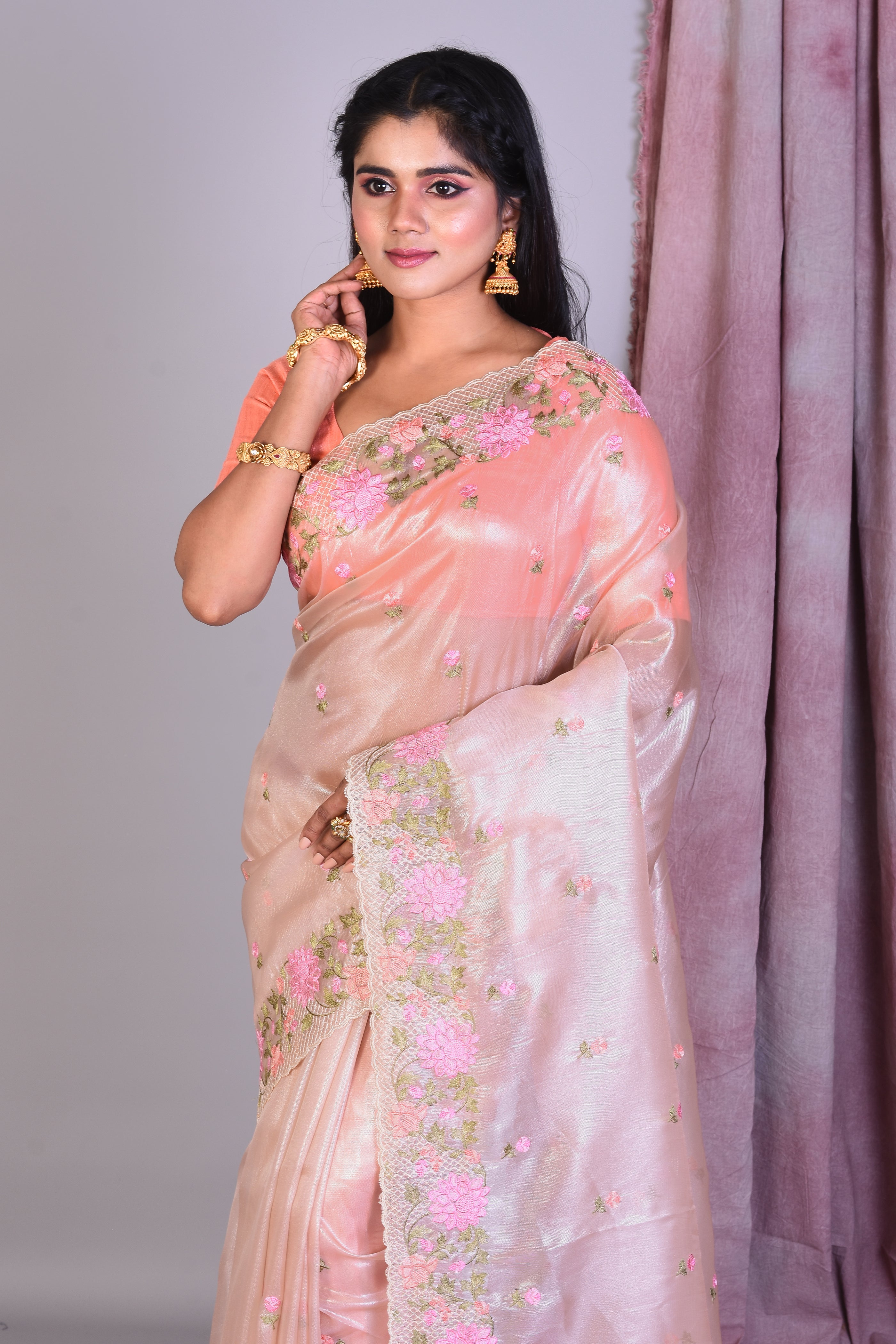 Light Peach Blended Organza Saree with Threadworks - Keya Seth Exclusive