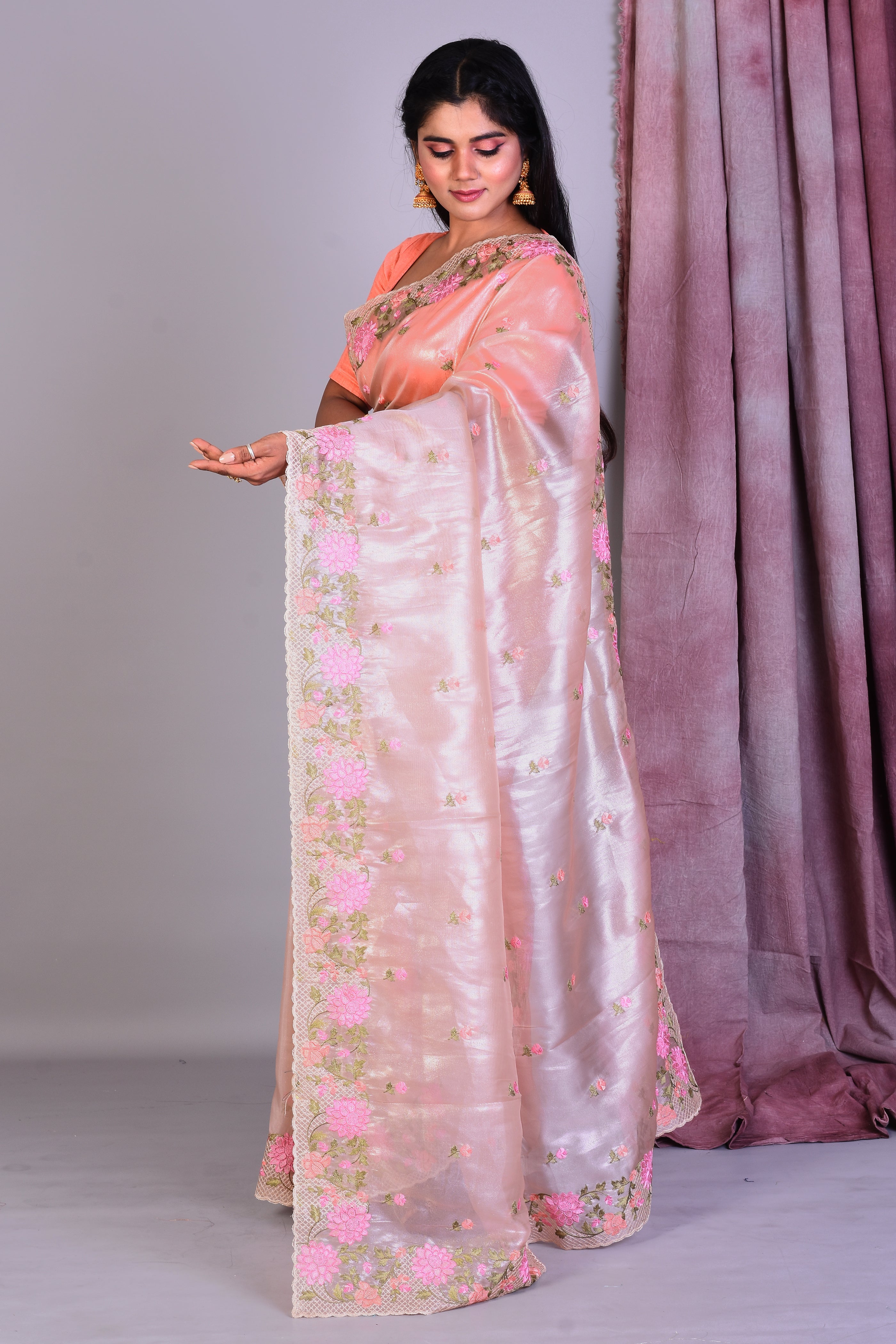 Light Peach Blended Organza Saree with Threadworks - Keya Seth Exclusive