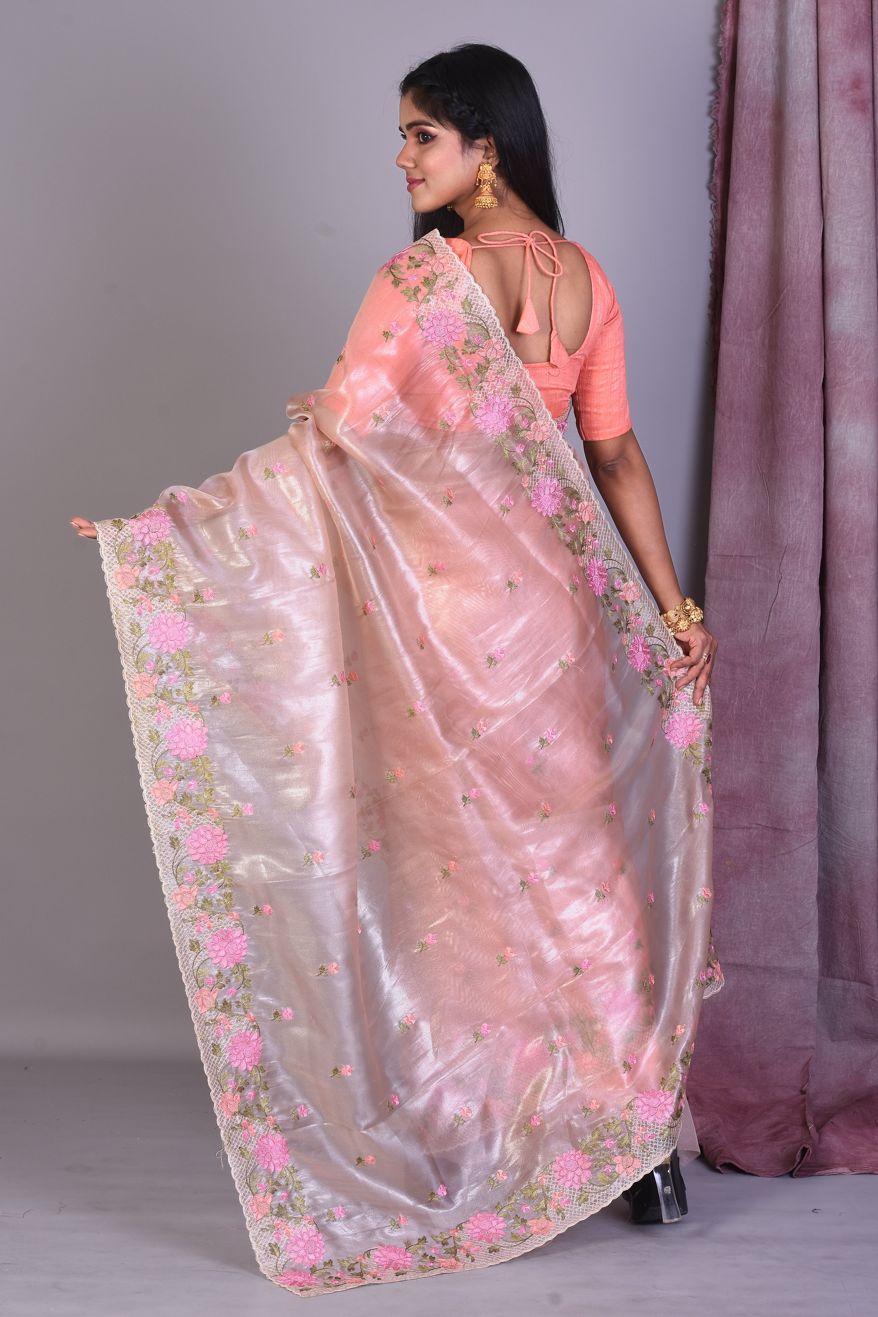 Light Peach Blended Organza Saree with Threadworks - Keya Seth Exclusive