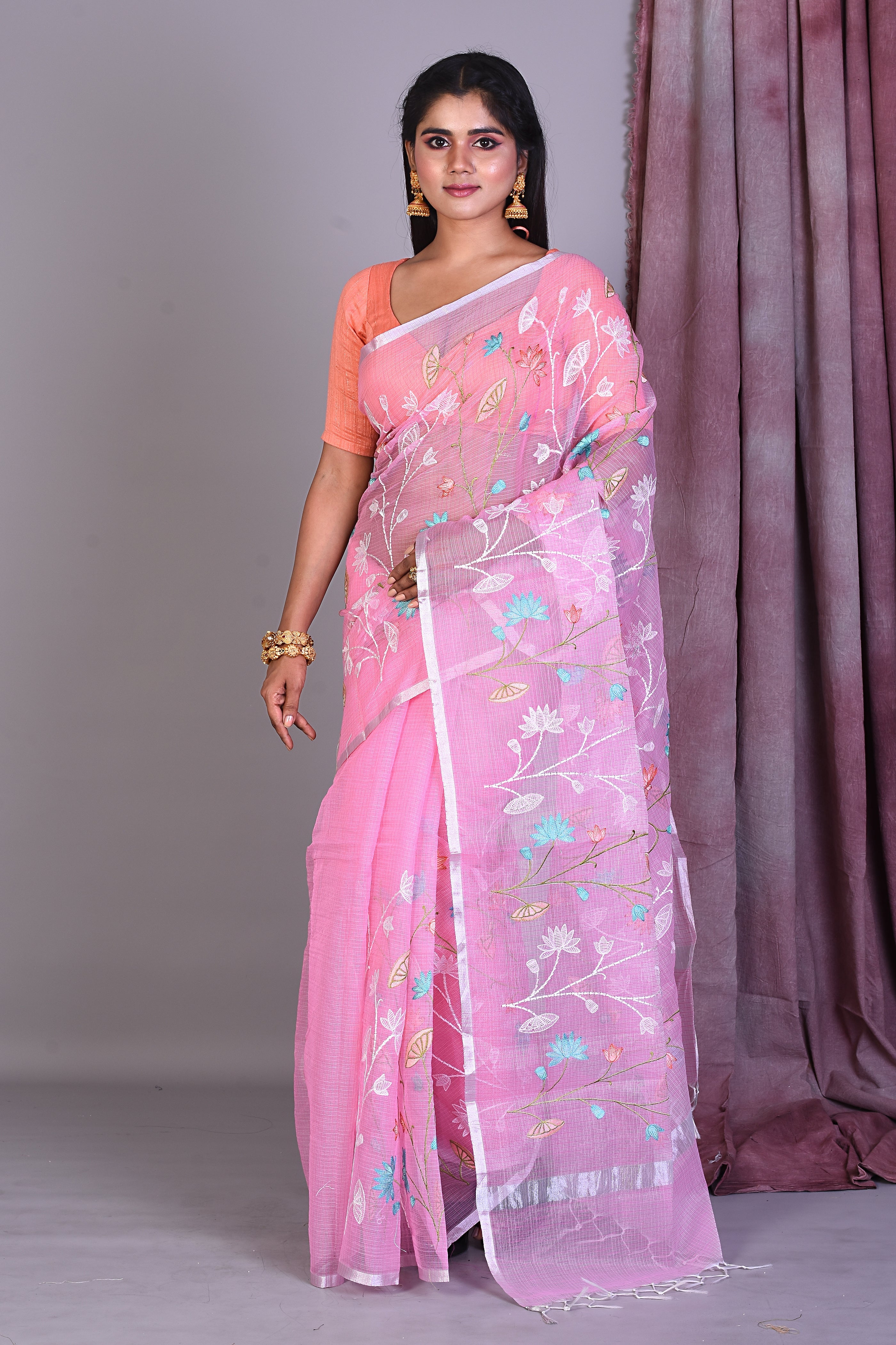 Pink Blended Kota Saree with Floral Works - Keya Seth Exclusive