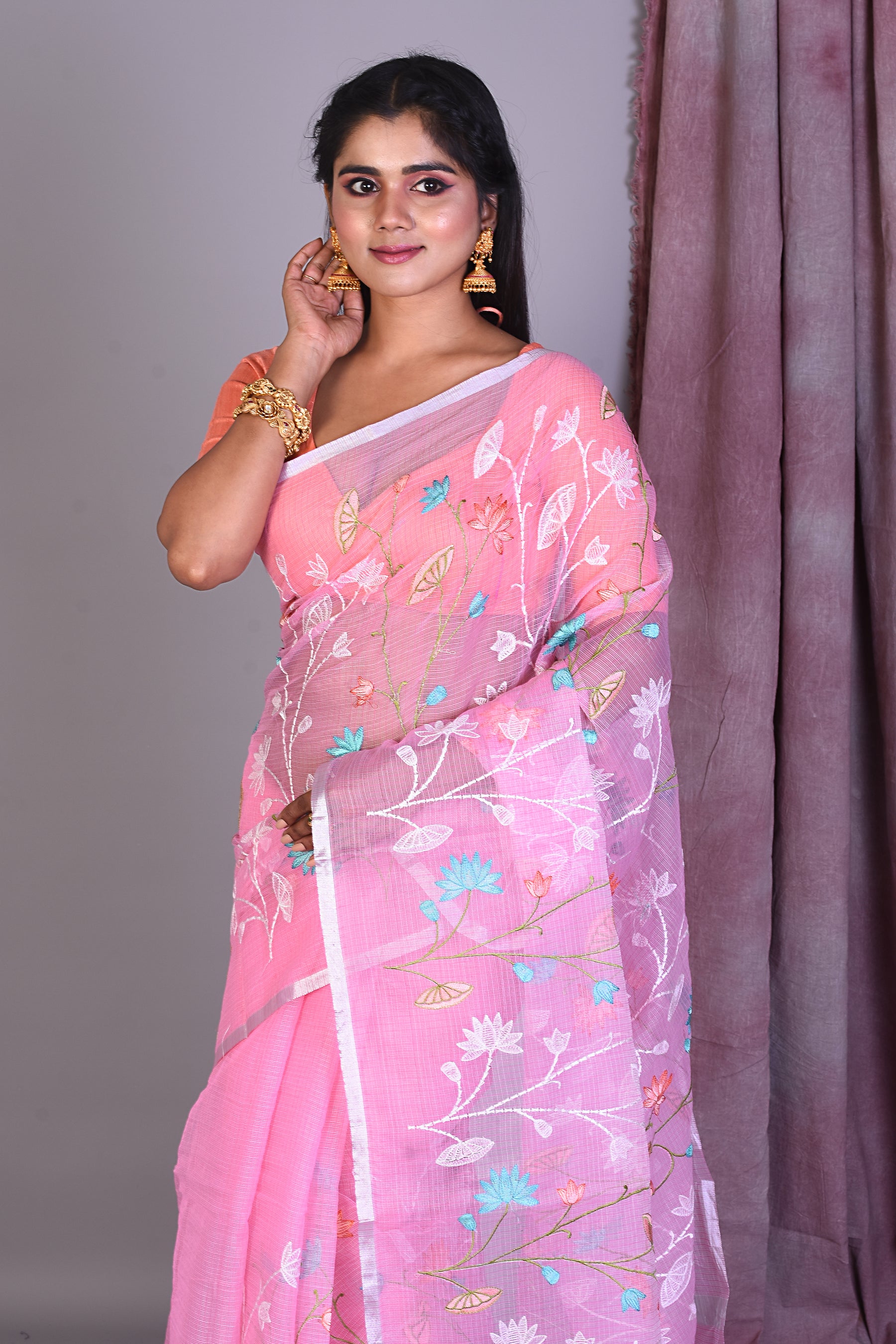 Pink Blended Kota Saree with Floral Works - Keya Seth Exclusive