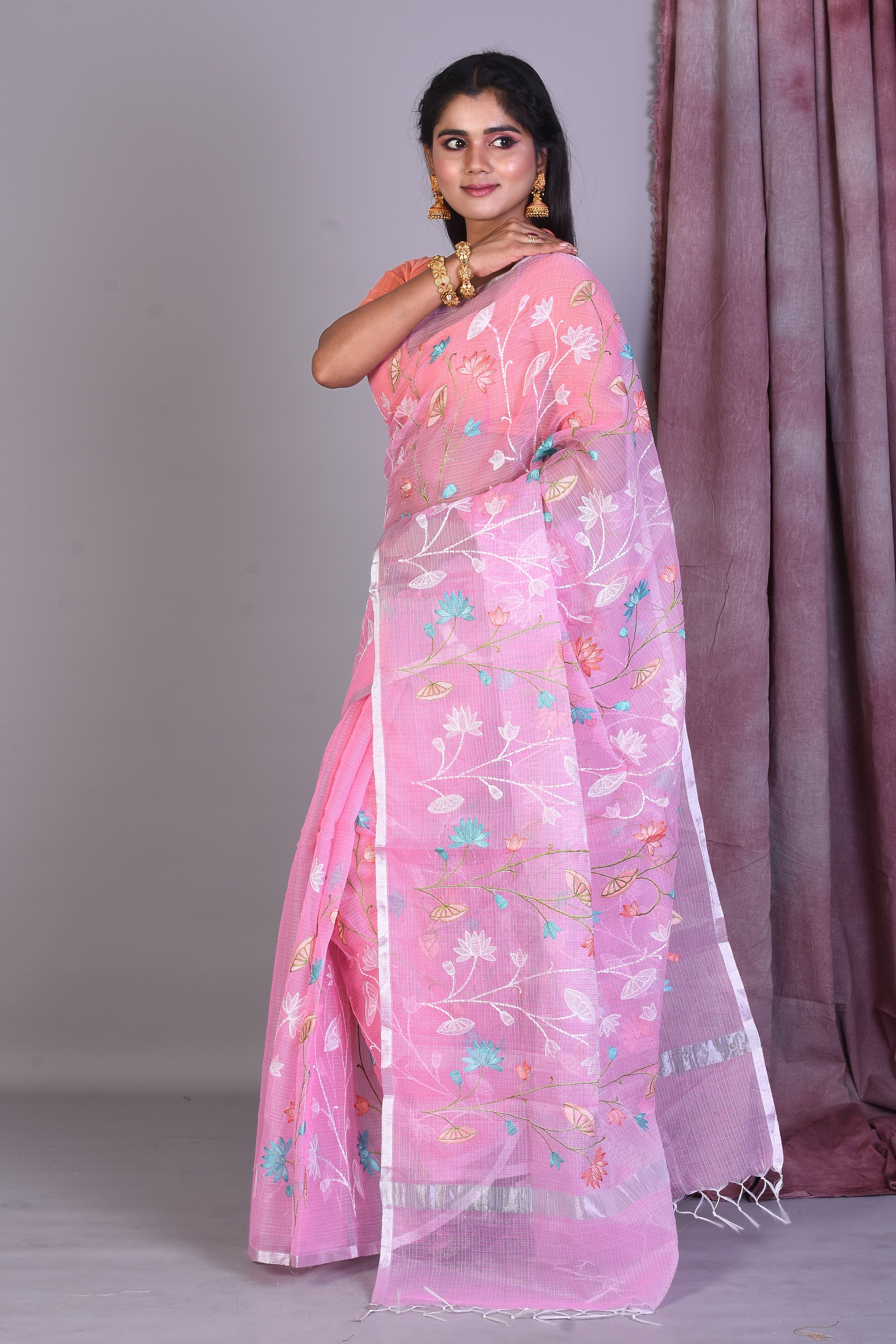 Pink Blended Kota Saree with Floral Works - Keya Seth Exclusive