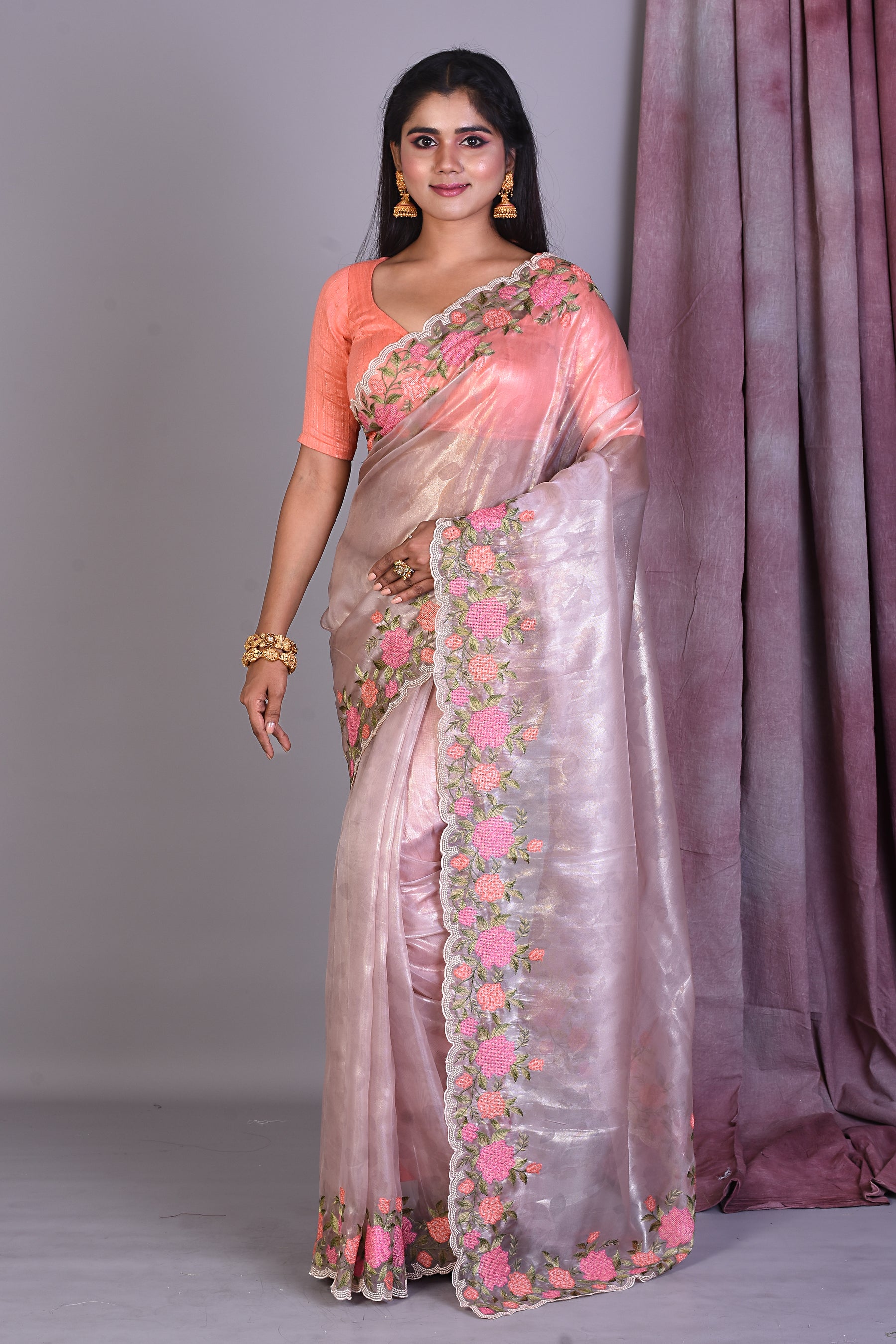 Light Grey Blended Organza Saree with Threadworks - Keya Seth Exclusive