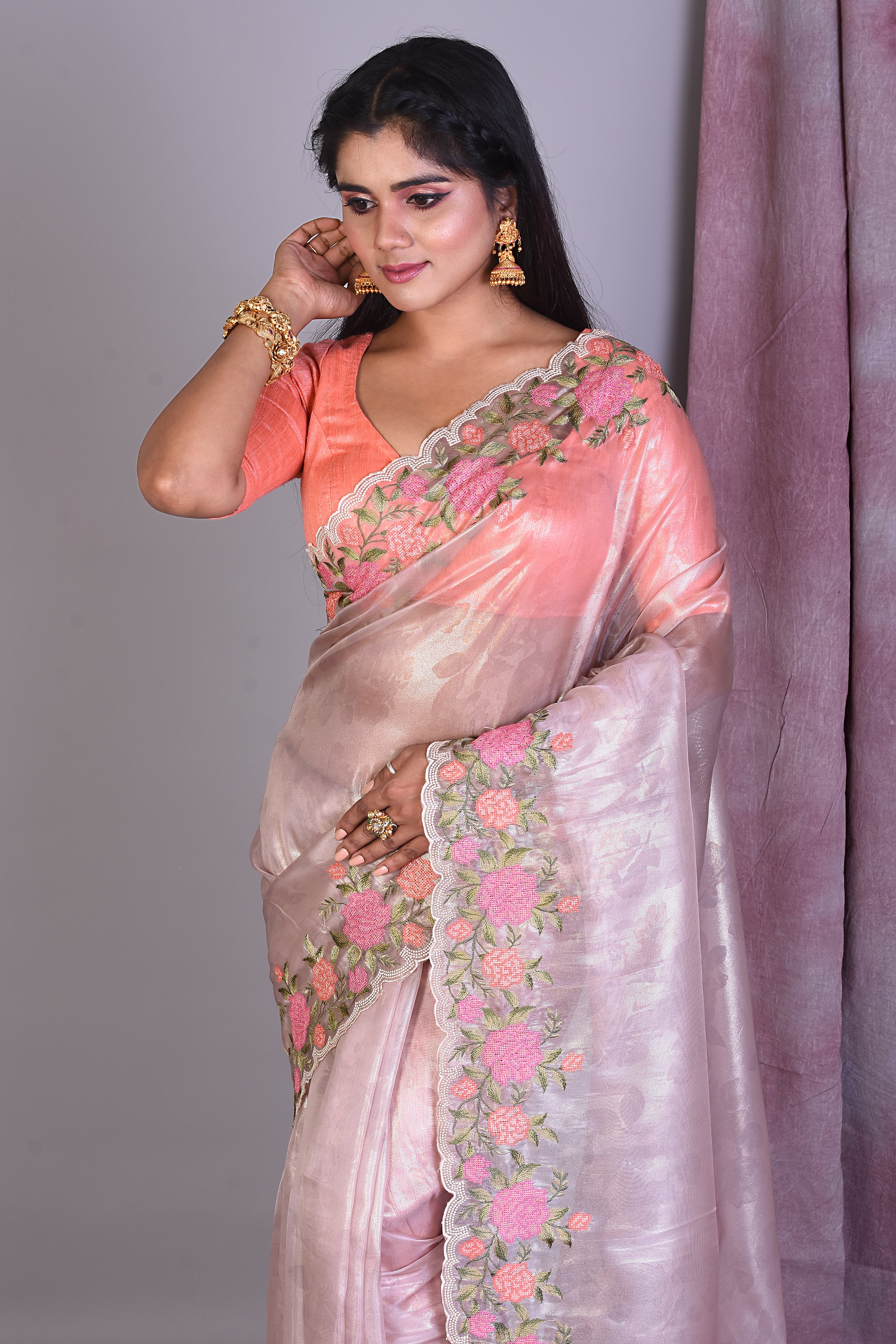 Light Grey Blended Organza Saree with Threadworks - Keya Seth Exclusive