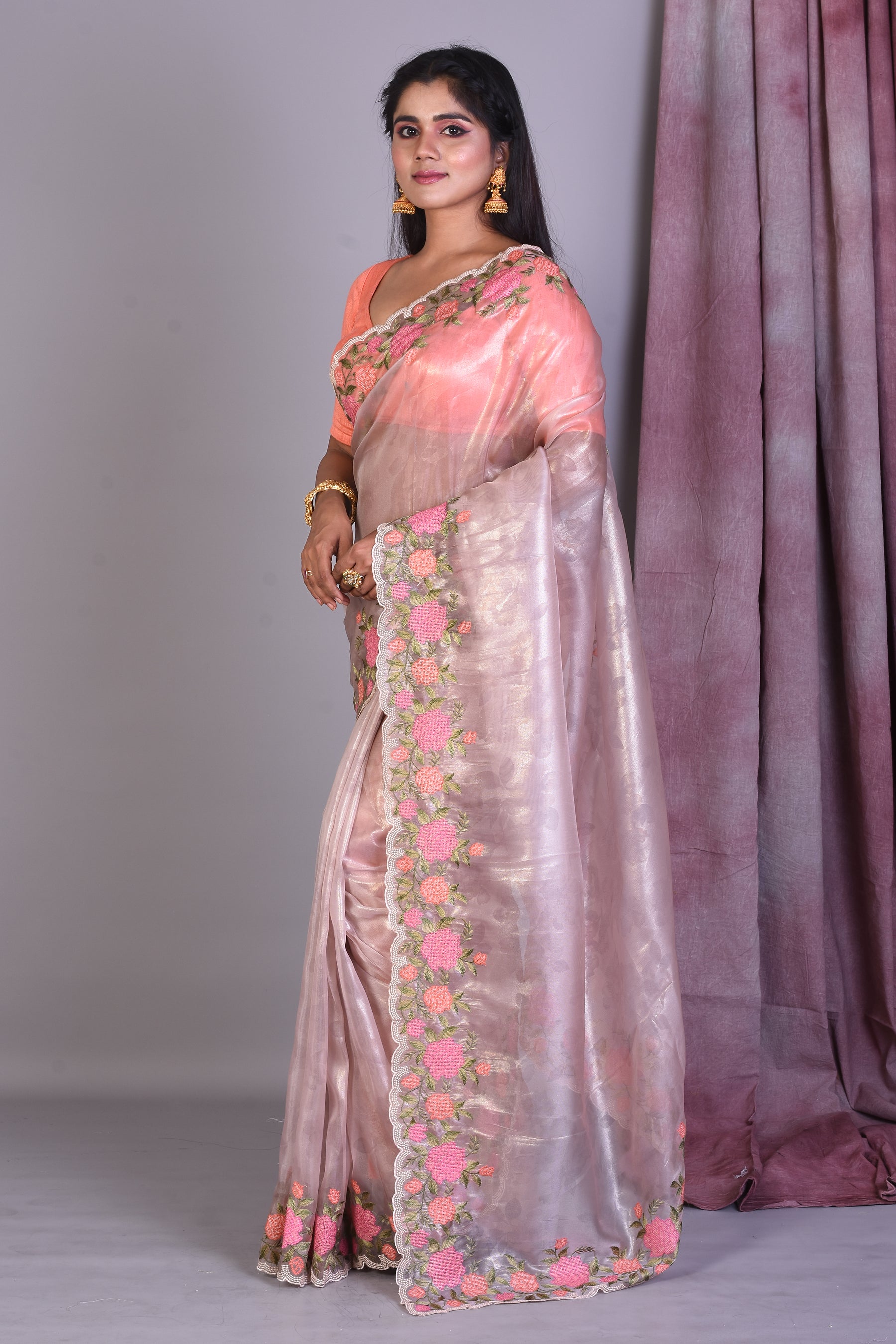 Light Grey Blended Organza Saree with Threadworks - Keya Seth Exclusive