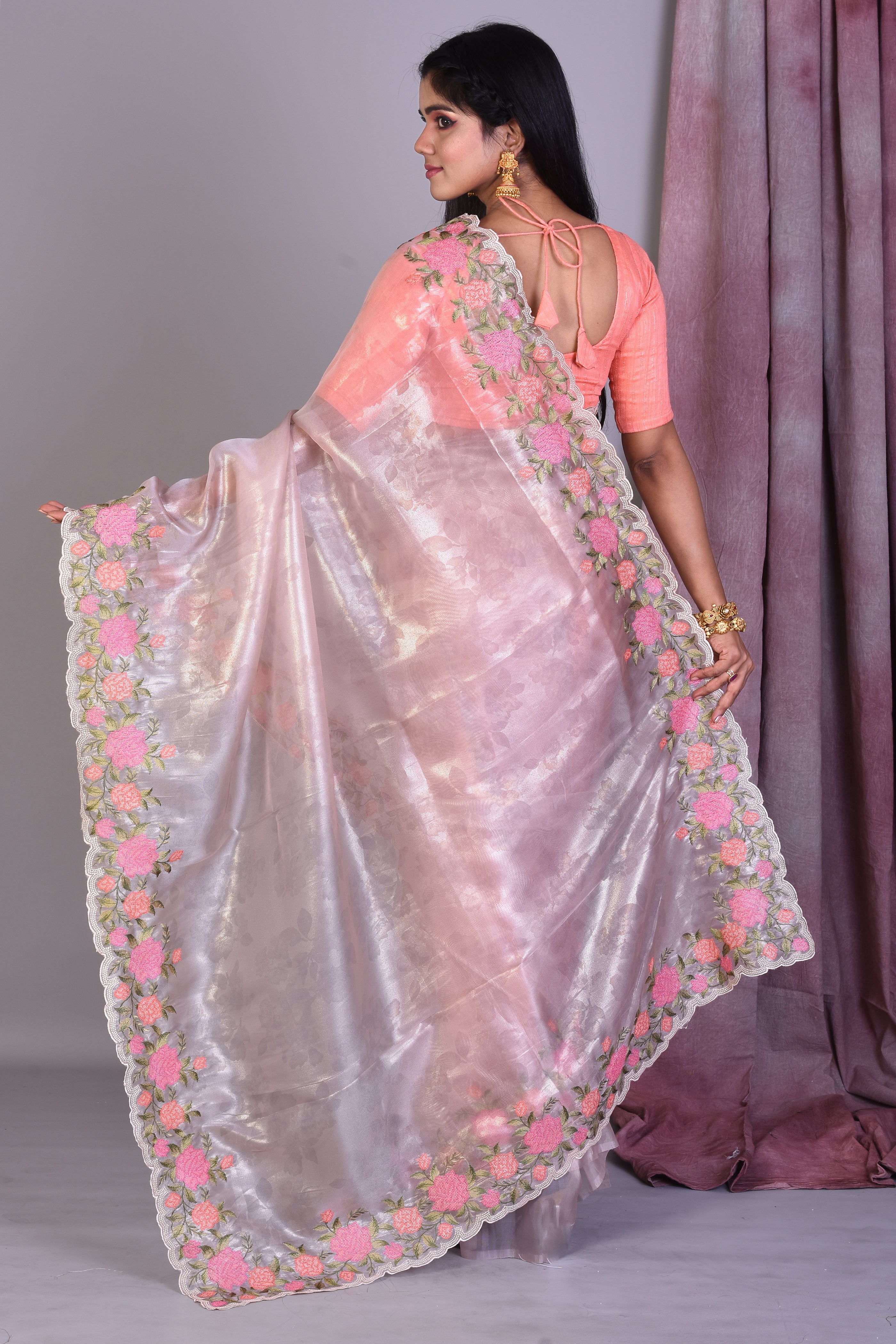 Light Grey Blended Organza Saree with Threadworks - Keya Seth Exclusive