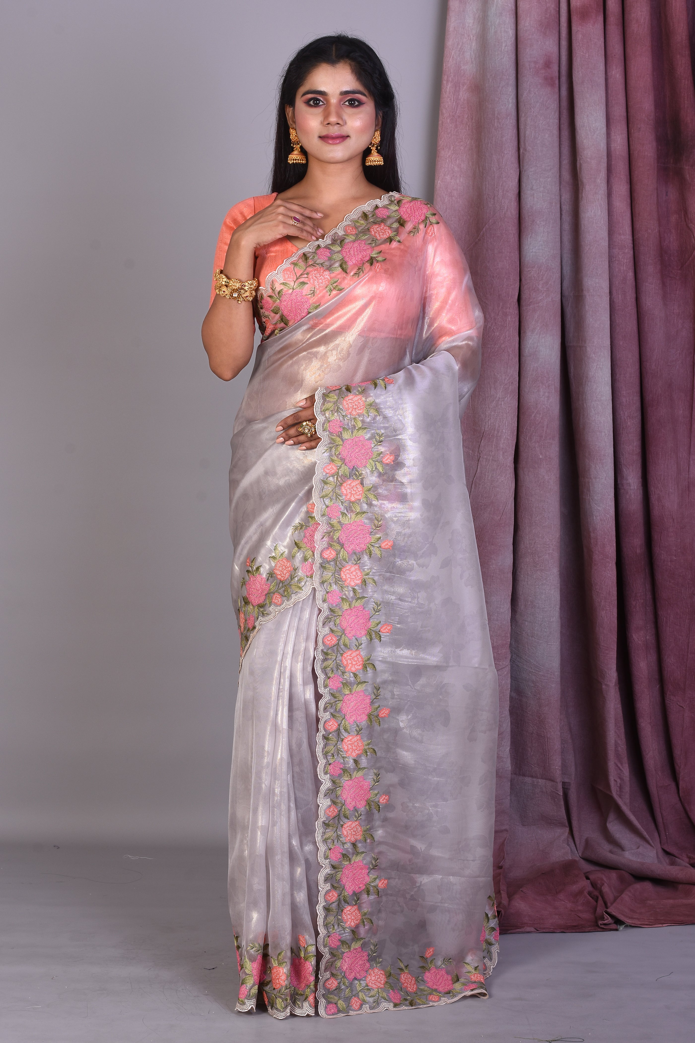 Sky Blue Blended Organza Saree with Threadworks - Keya Seth Exclusive