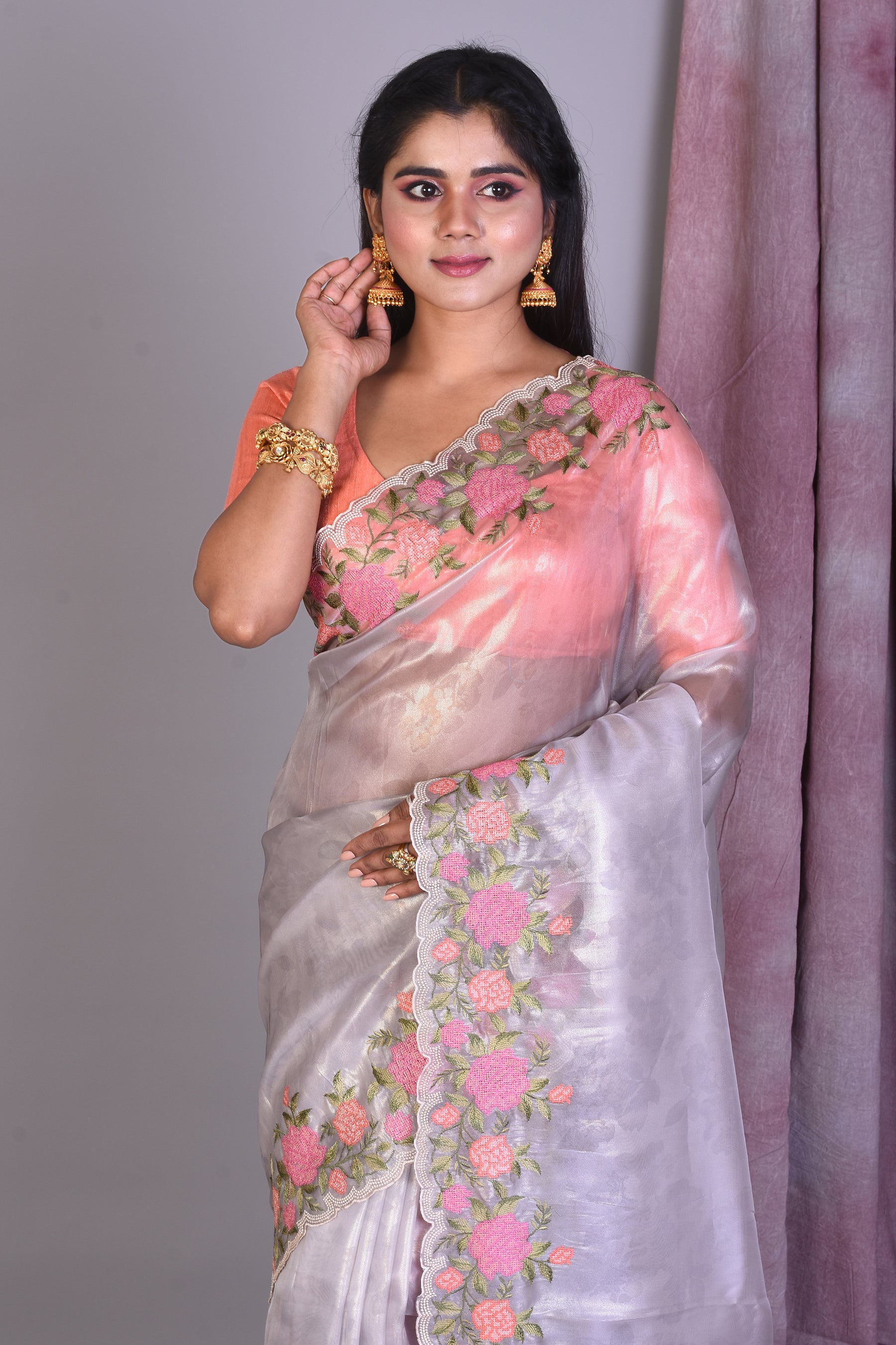 Sky Blue Blended Organza Saree with Threadworks - Keya Seth Exclusive