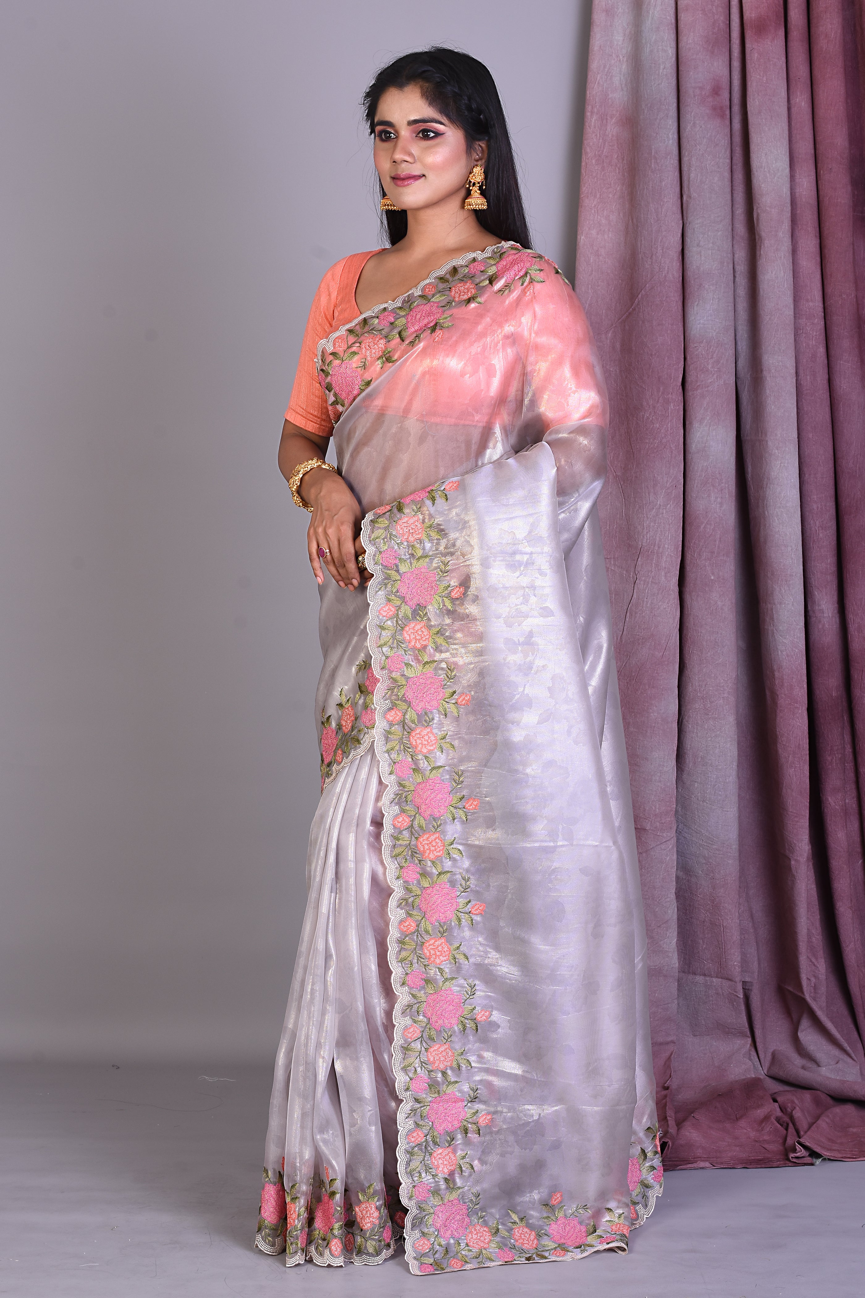 Sky Blue Blended Organza Saree with Threadworks - Keya Seth Exclusive