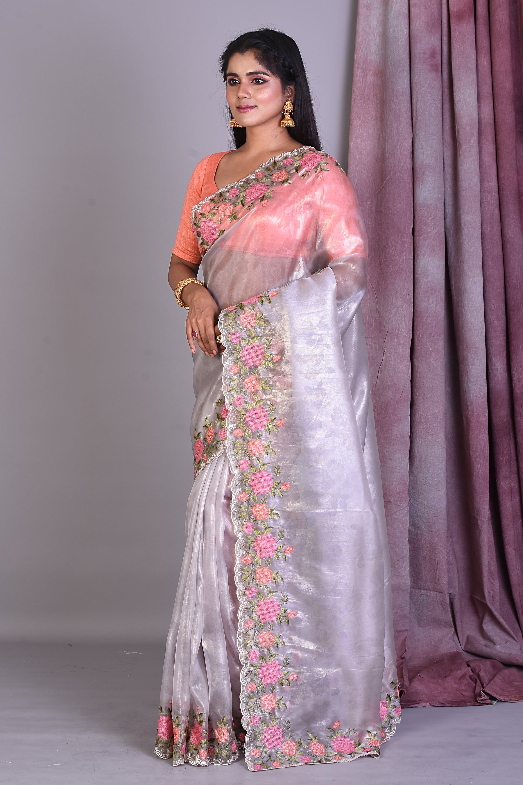 Light Grey Blended Organza Saree with Threadworks - Keya Seth Exclusive