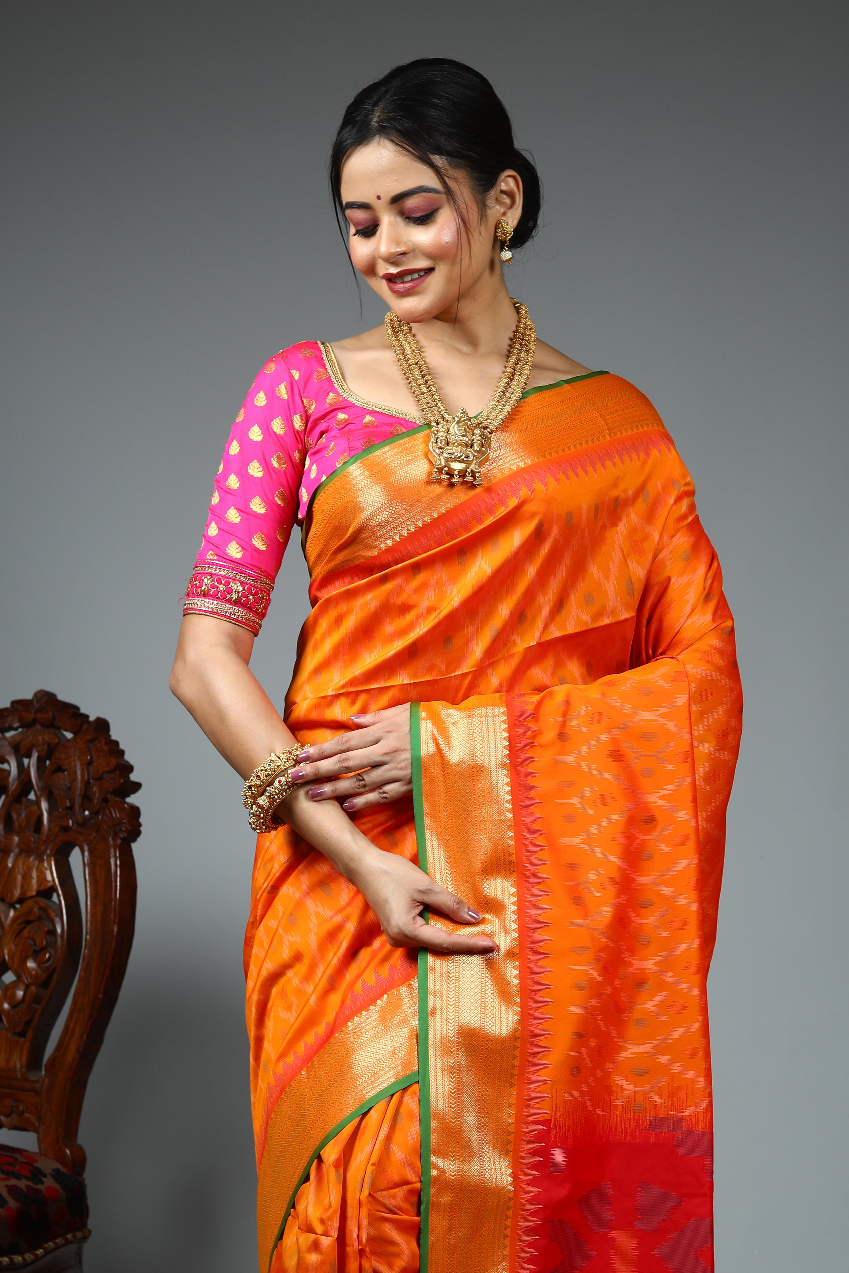 Orange Blended Ikkat Silk Saree