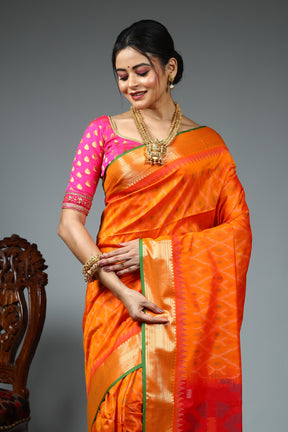 Orange Blended Ikkat Silk Saree
