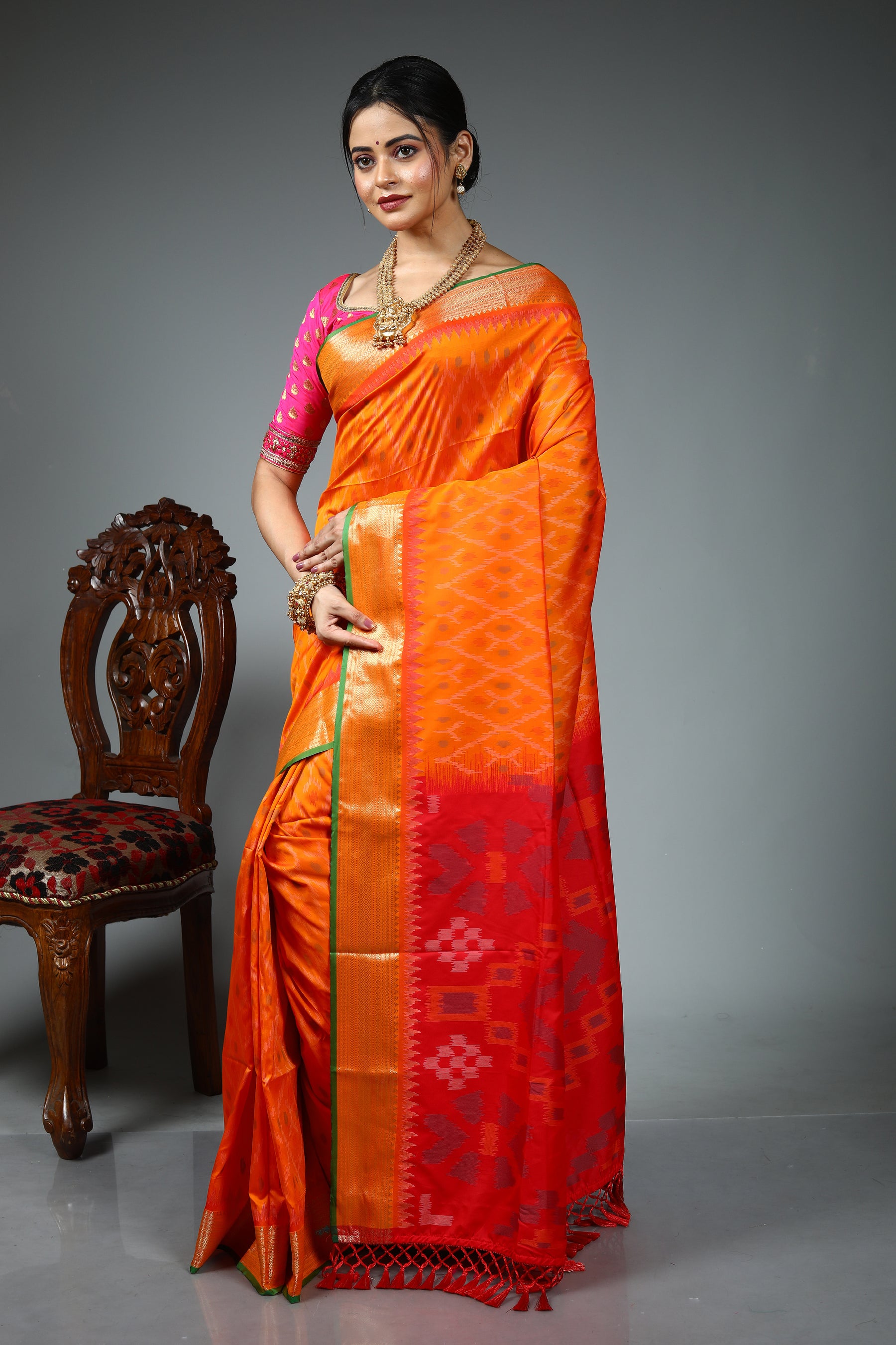 Orange Blended Ikkat Silk Saree
