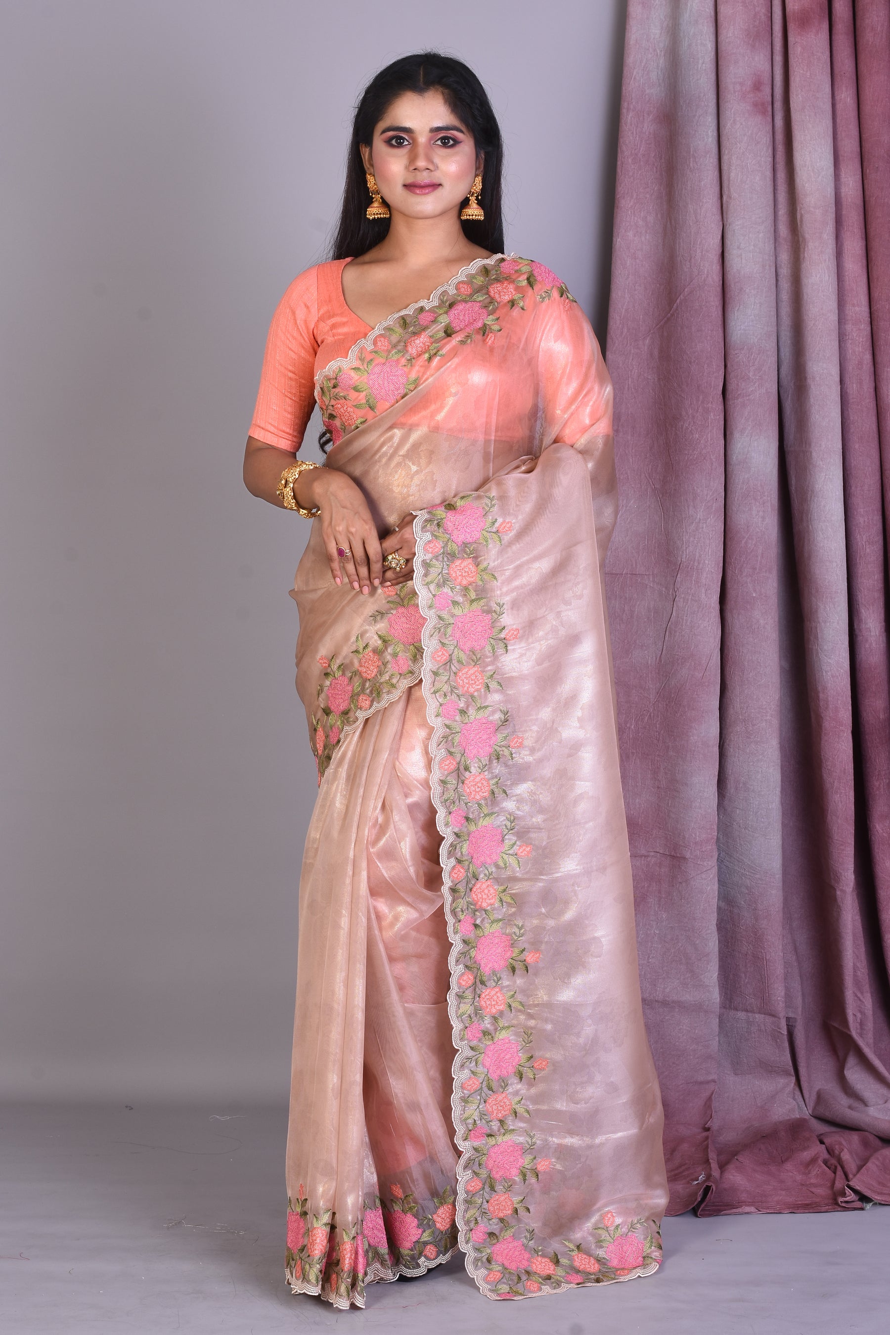 Light Beige Blended Organza Saree with Threadworks - Keya Seth Exclusive