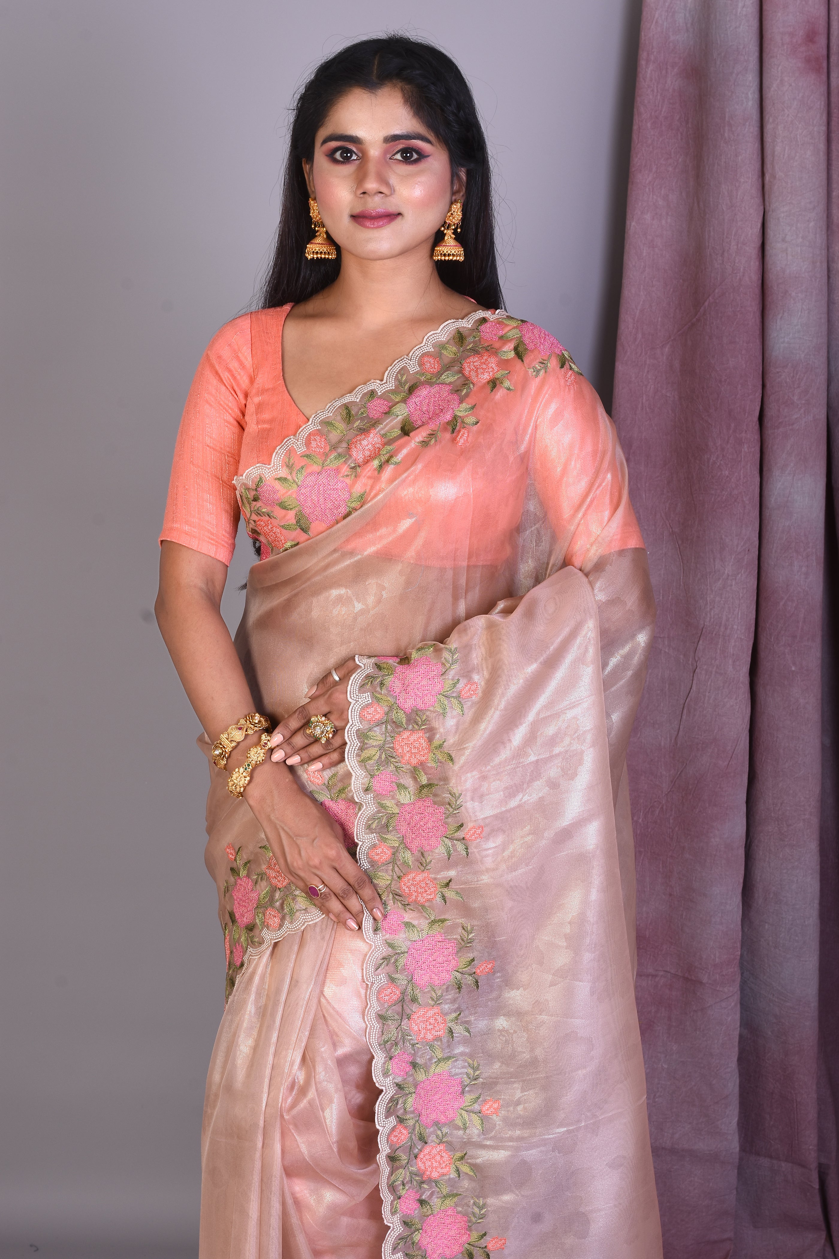 Light Beige Blended Organza Saree with Threadworks - Keya Seth Exclusive