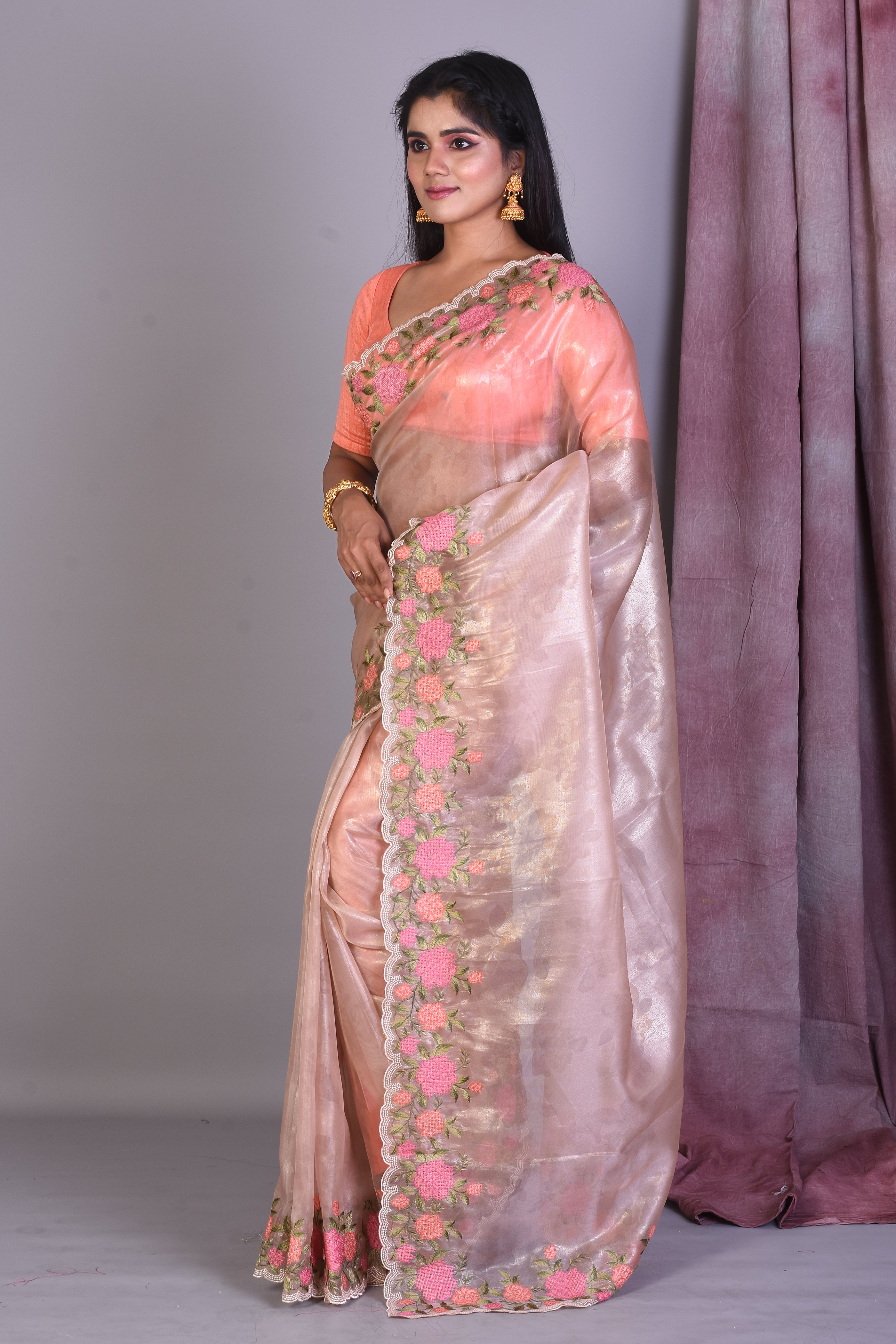 Light Beige Blended Organza Saree with Threadworks - Keya Seth Exclusive