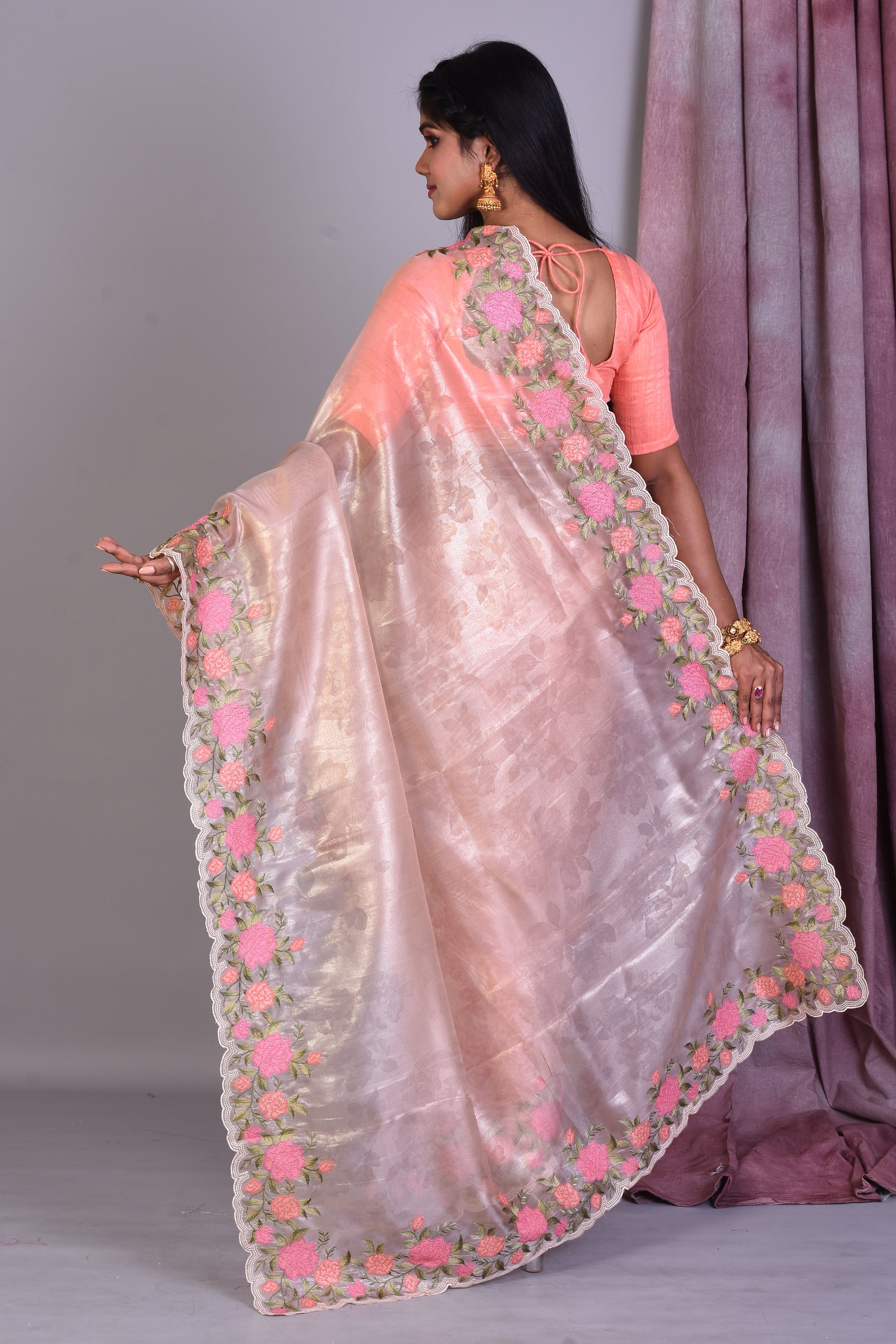 Light Beige Blended Organza Saree with Threadworks - Keya Seth Exclusive