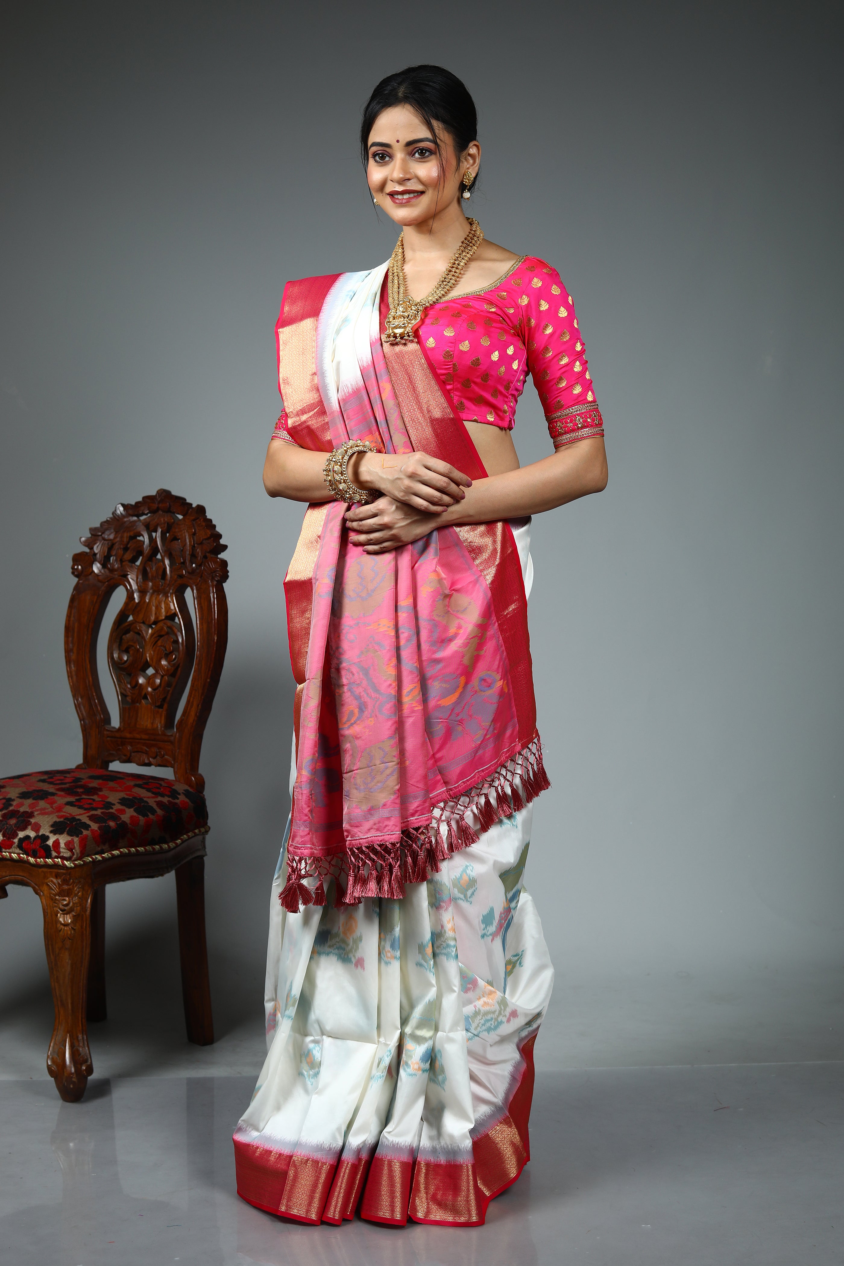White and Pink Blended Silk Saree