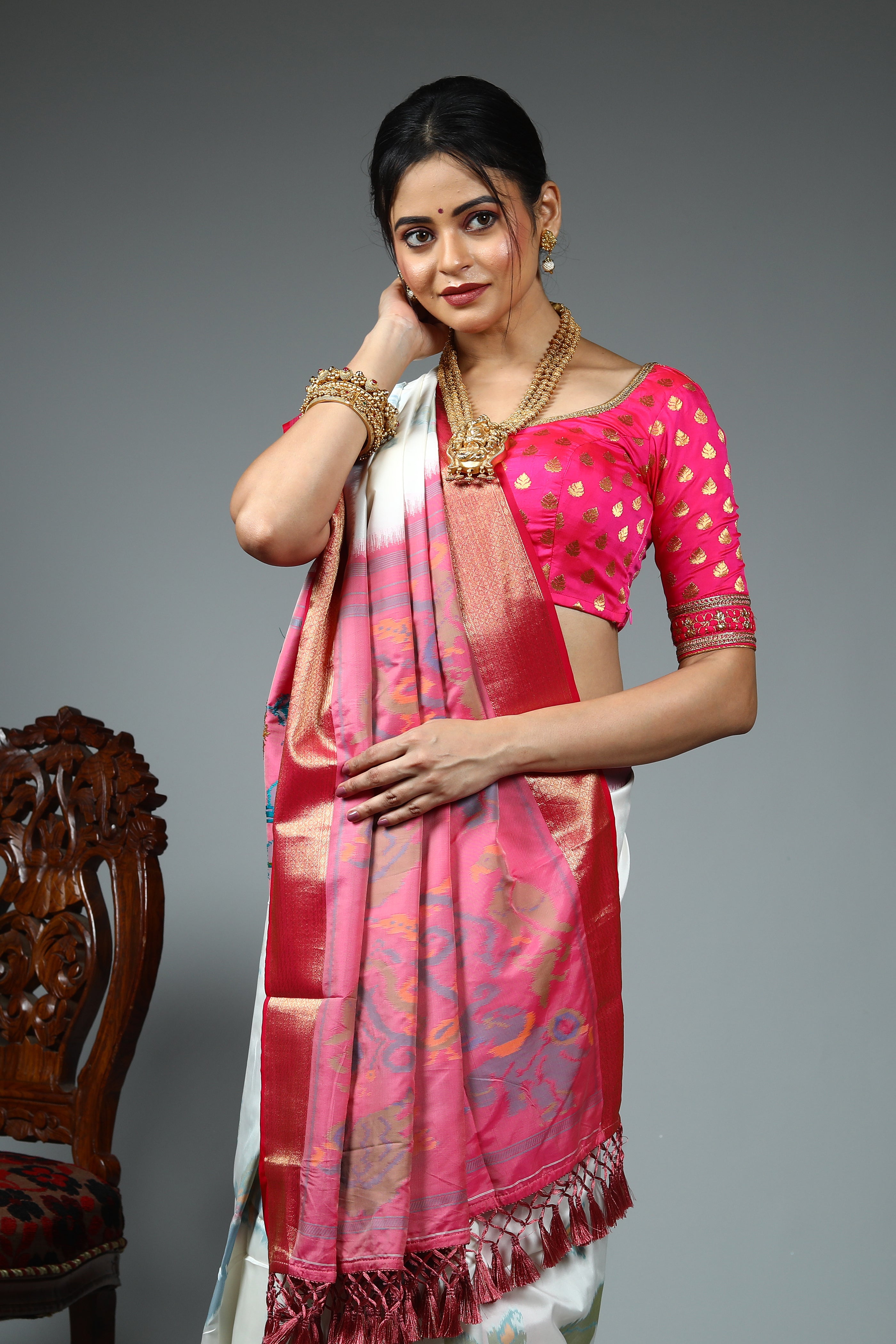 White and Pink Blended Silk Saree