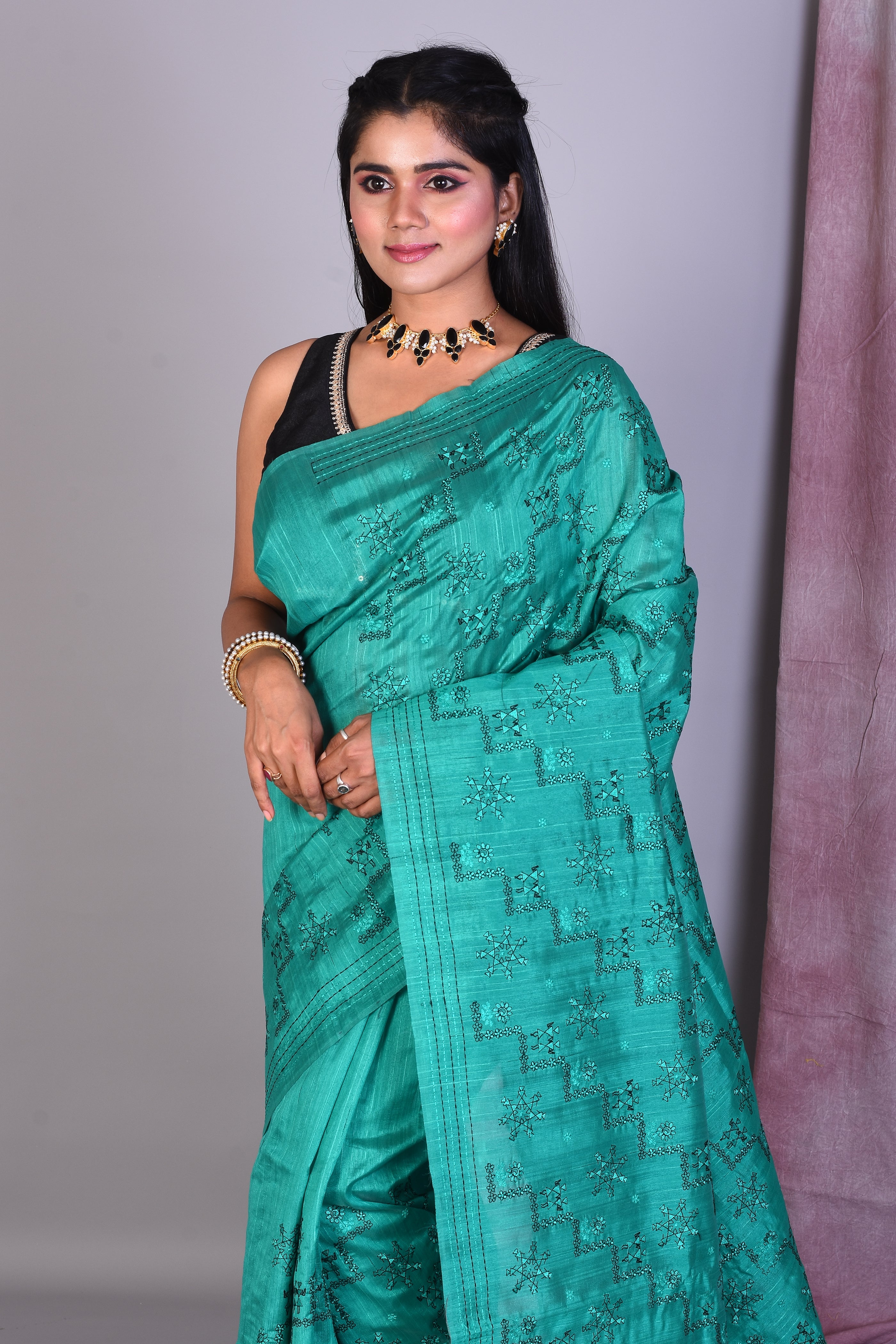 Rama Green Blended Silk Saree with Threadwork - Keya Seth Exclusive