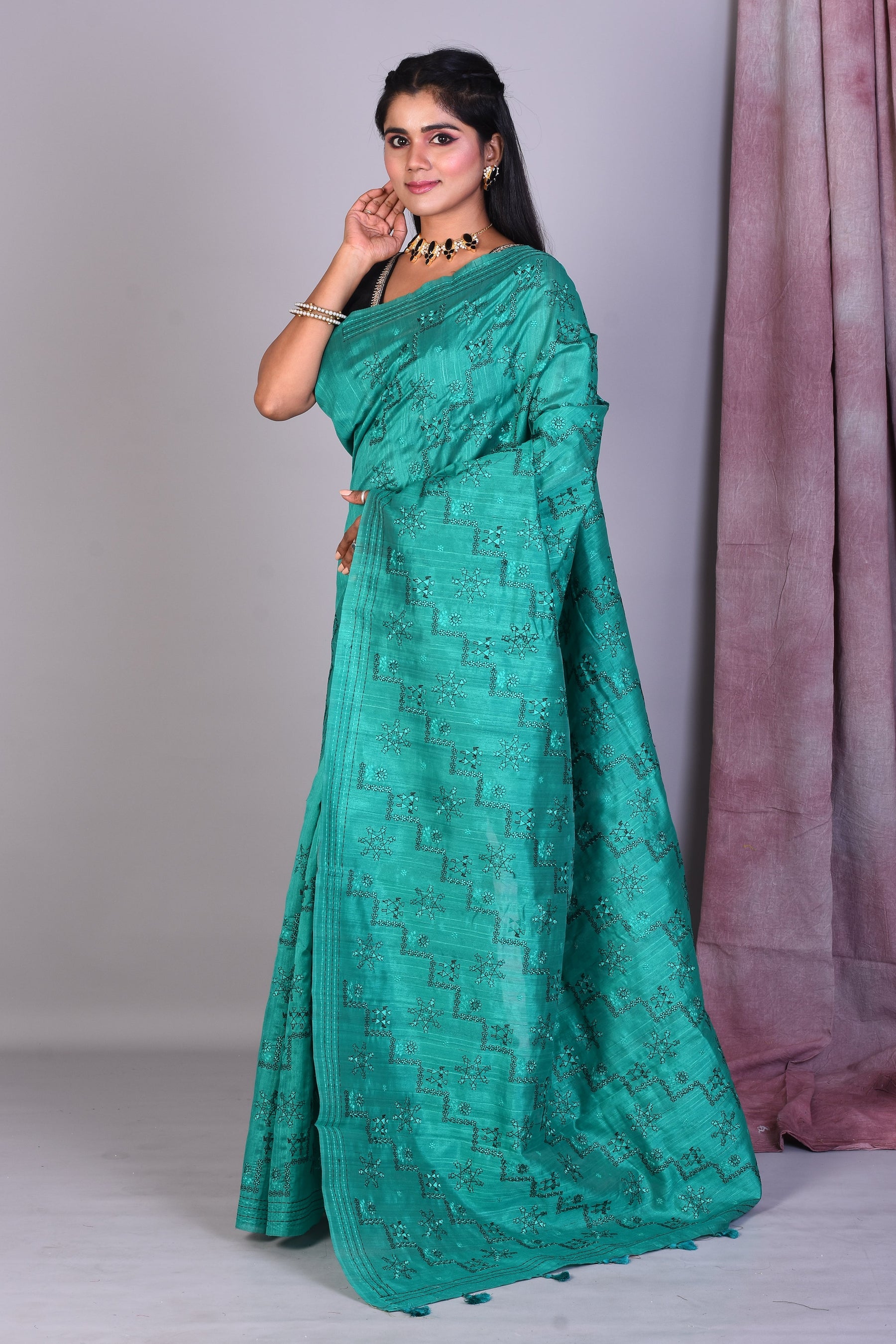 Rama Green Blended Silk Saree with Threadwork - Keya Seth Exclusive