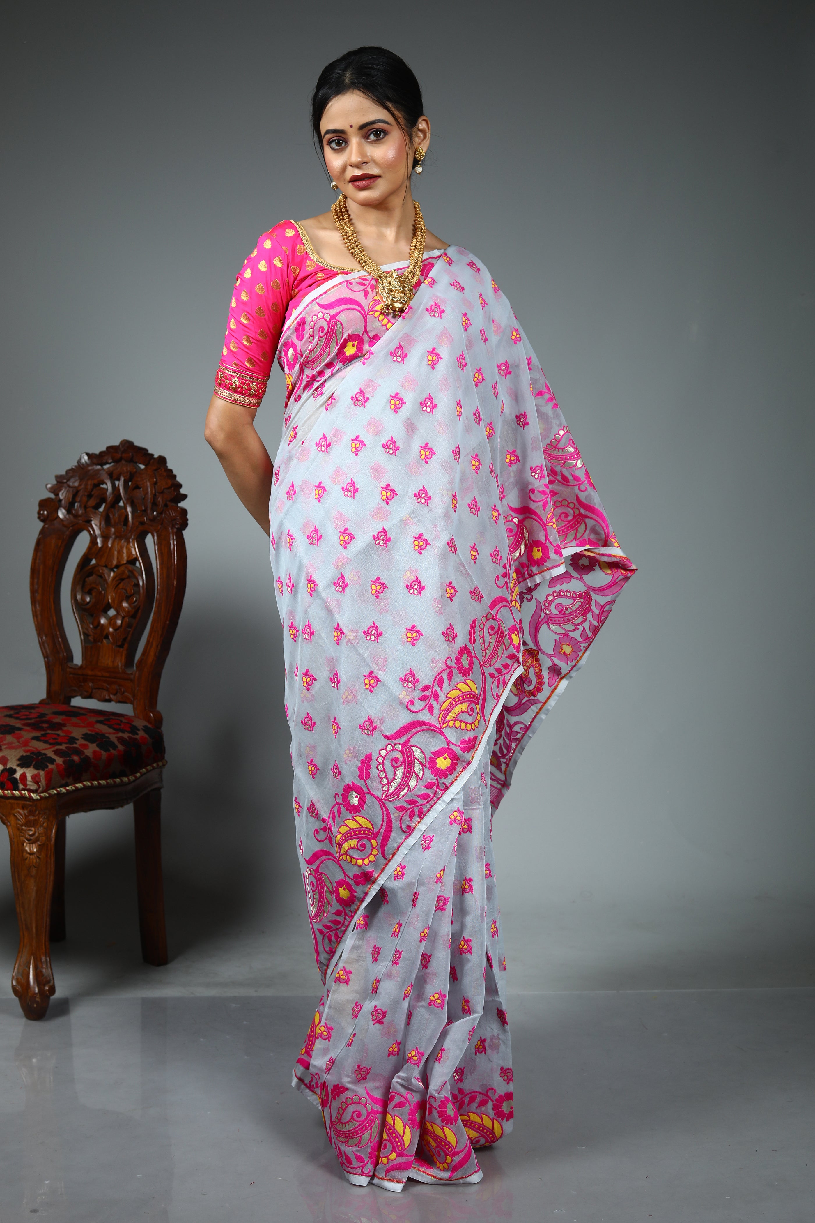 Grey Blended Jamdani Saree