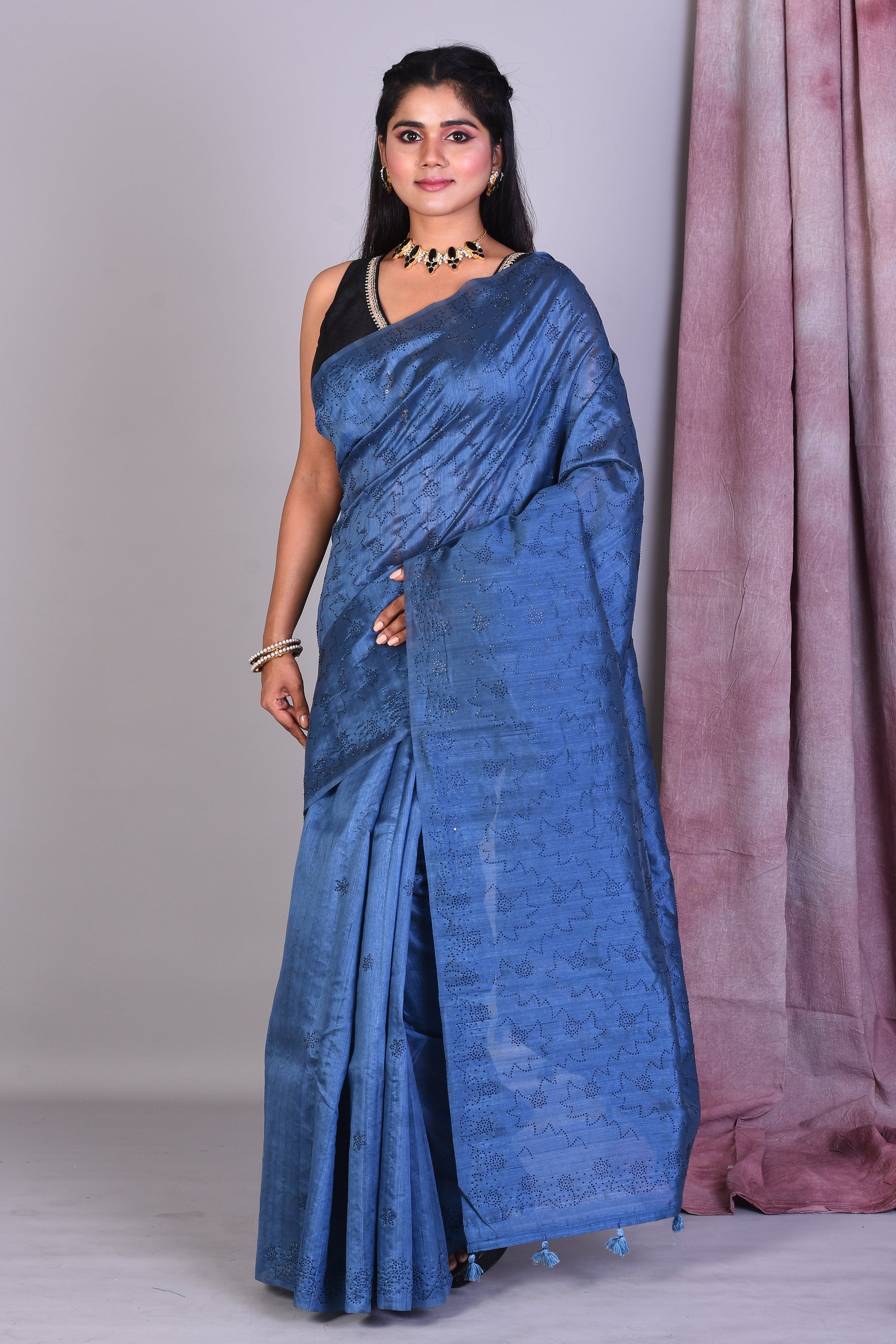 Deep Blue Blended Art Silk Saree with Sequence Work - Keya Seth Exclusive