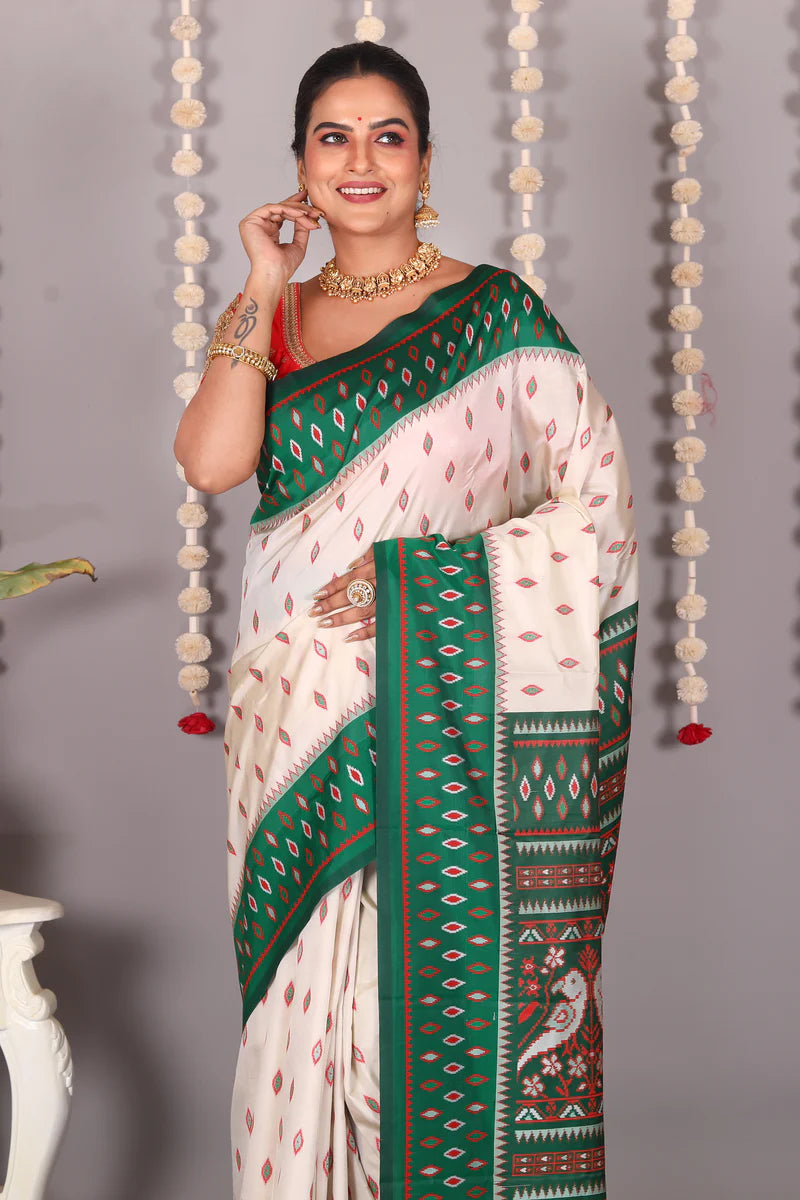 White Blended Ikkat Silk Saree - Keya Seth Exclusive
