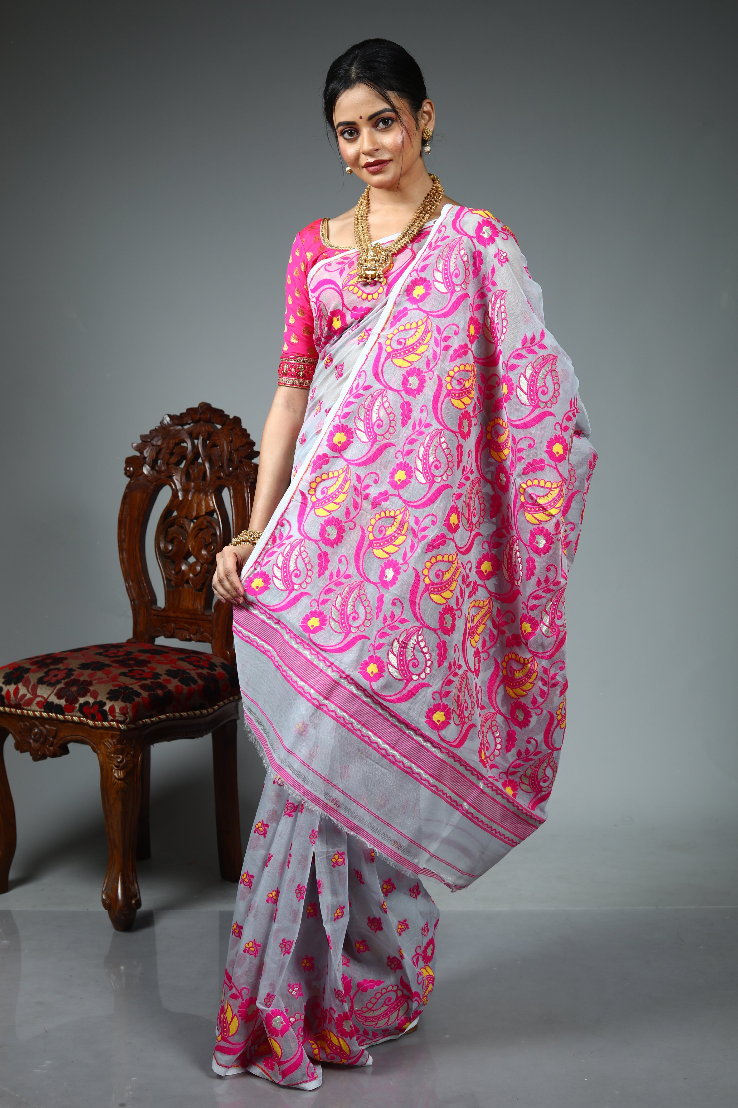 Grey Blended Jamdani Saree
