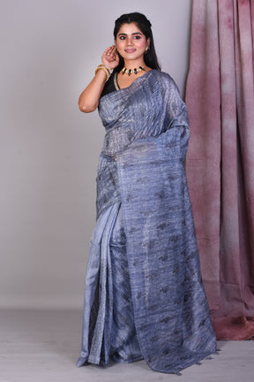 Slate Grey Blended Tussar Silk Saree with Threadwork - Keya Seth Exclusive