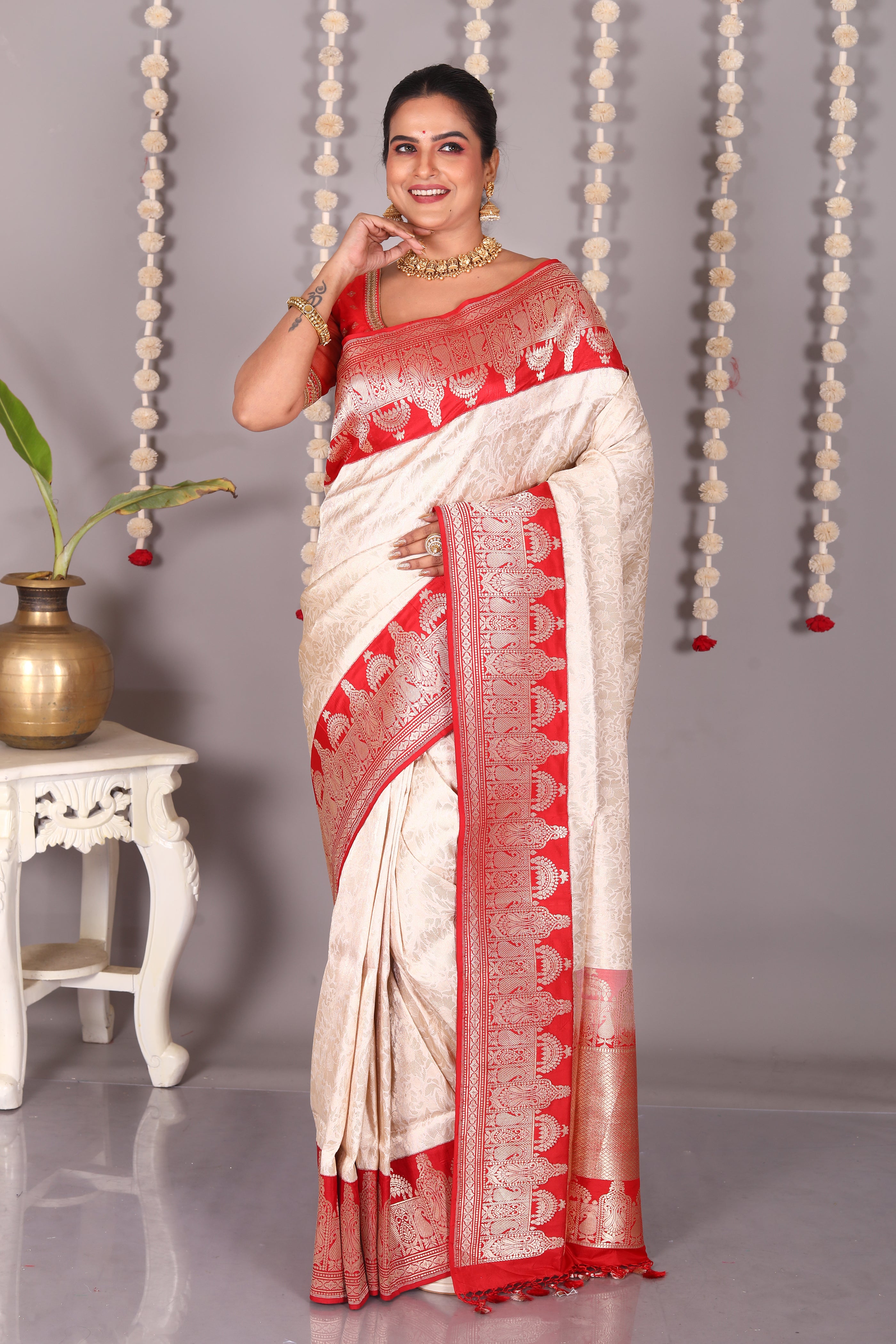 Offwhite Pure Katan Saree - Keya Seth Exclusive