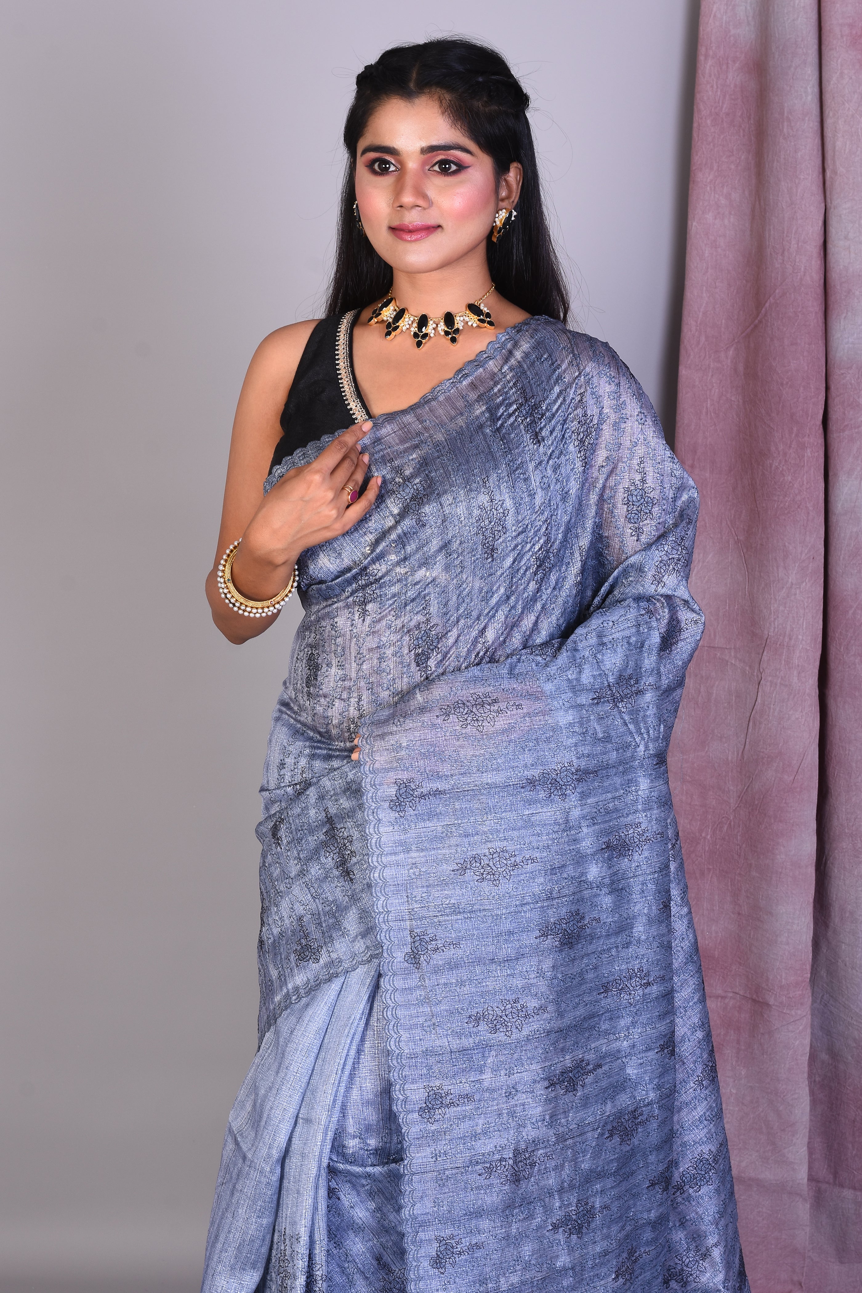 Slate Grey Blended Tussar Silk Saree with Threadwork - Keya Seth Exclusive