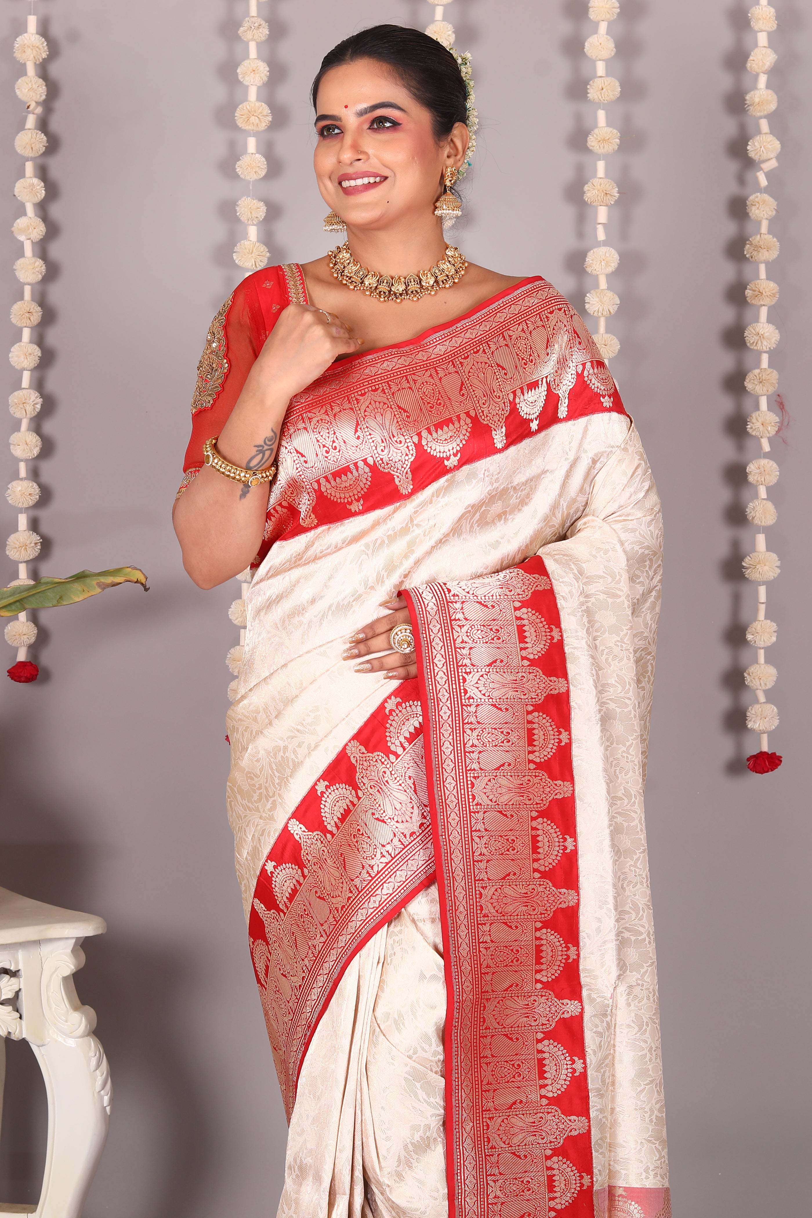 Offwhite Pure Katan Saree - Keya Seth Exclusive
