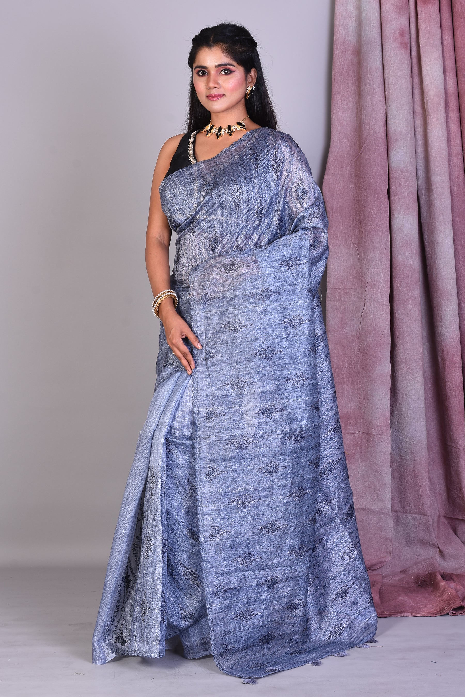 Slate Grey Blended Tussar Silk Saree with Threadwork - Keya Seth Exclusive