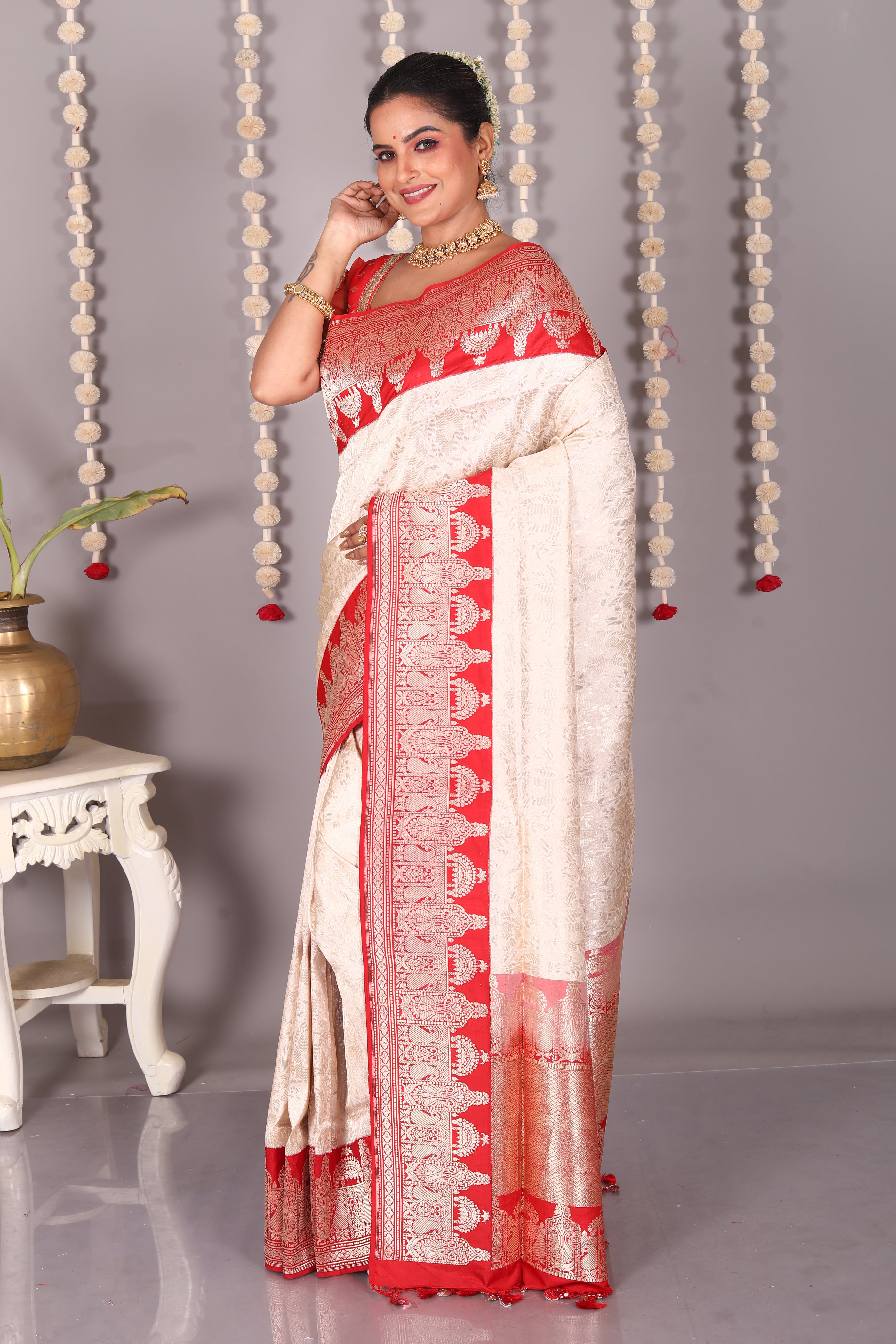 Offwhite Pure Katan Saree - Keya Seth Exclusive