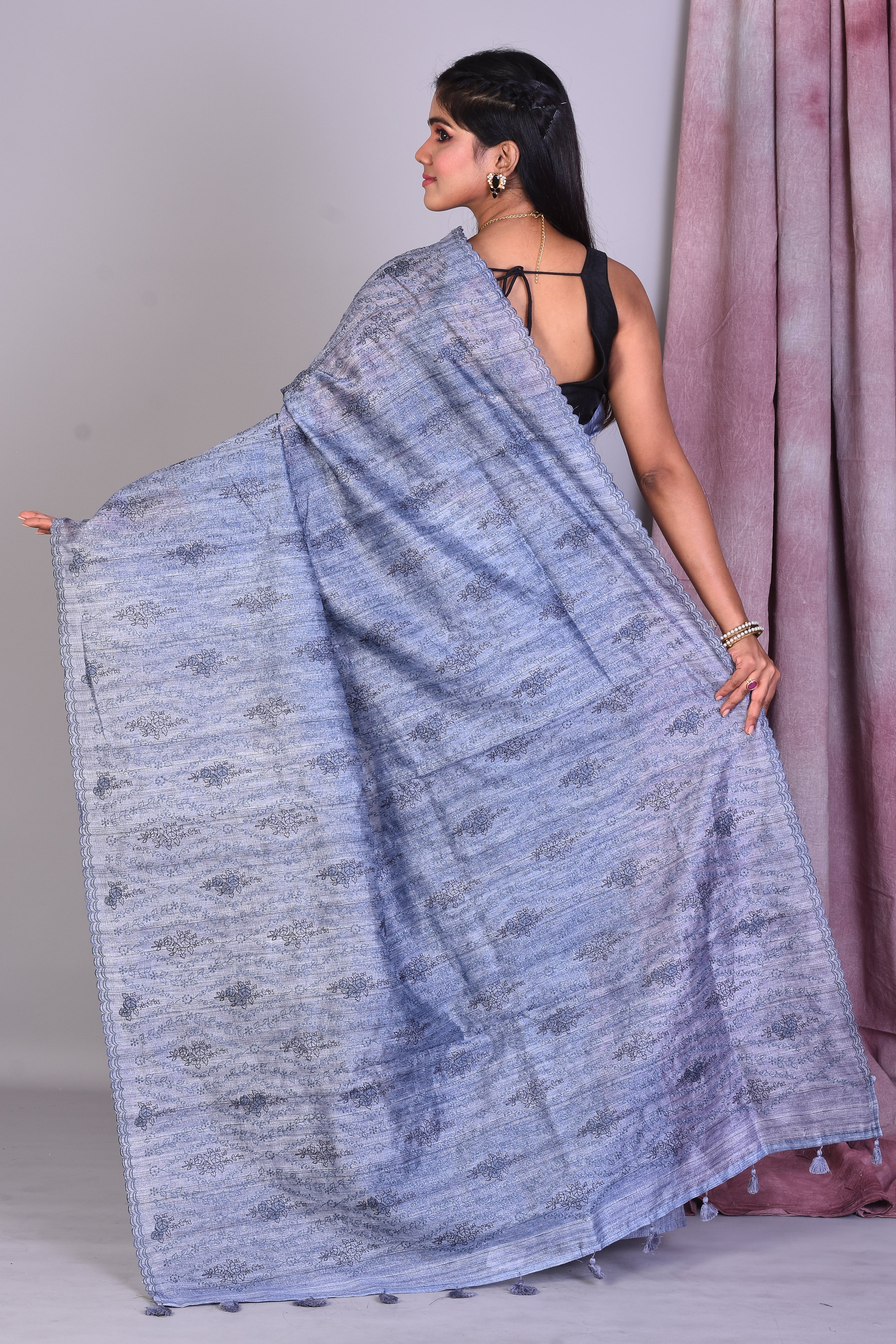 Slate Grey Blended Tussar Silk Saree with Threadwork - Keya Seth Exclusive