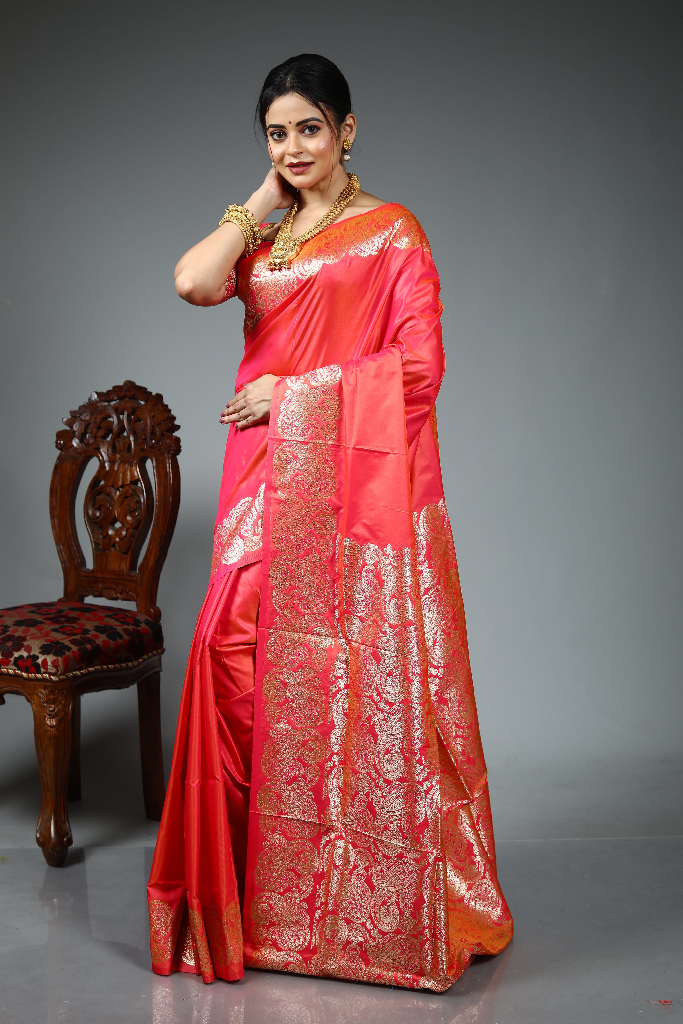 Peach Blended Satin Silk Saree