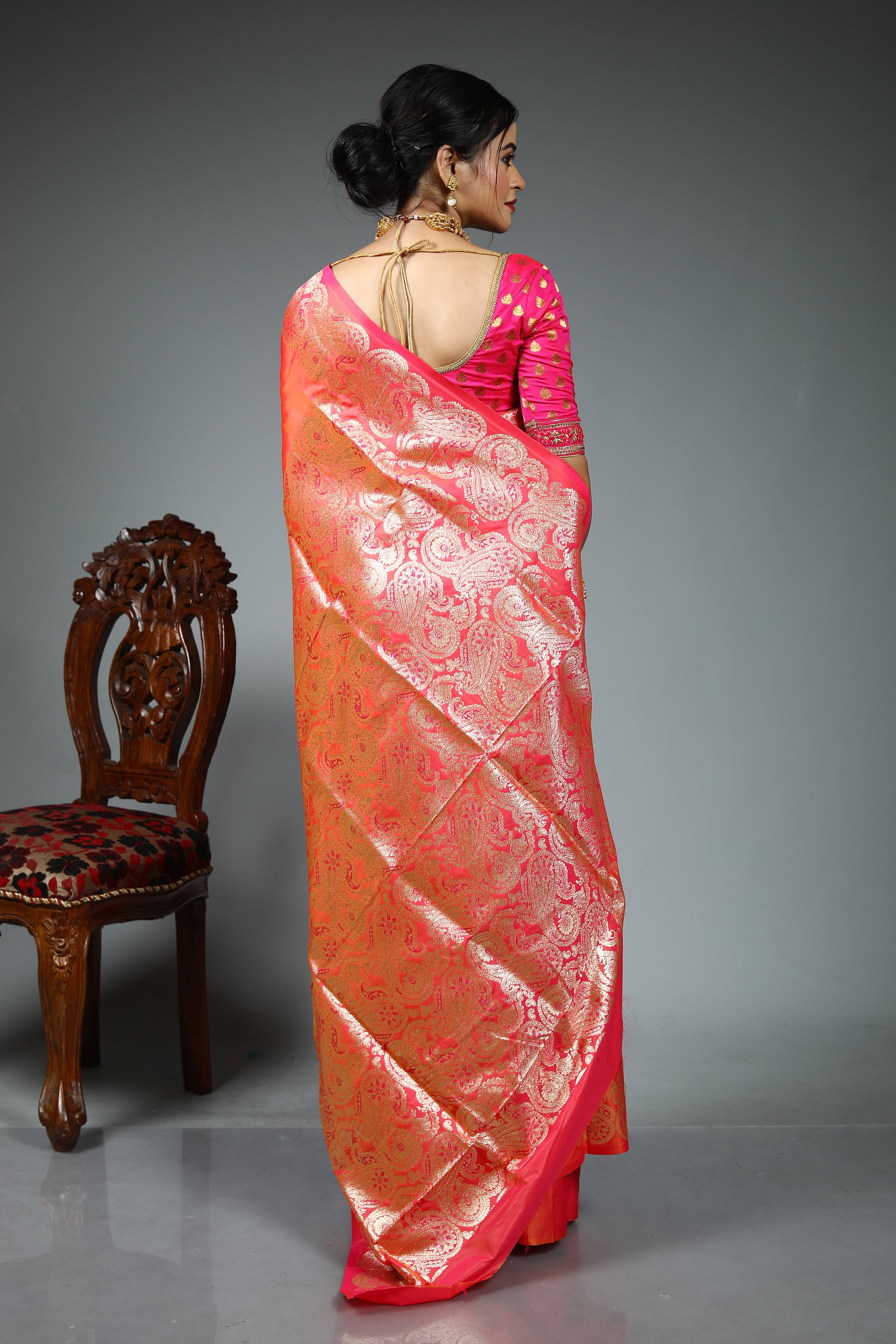 Peach Blended Satin Silk Saree