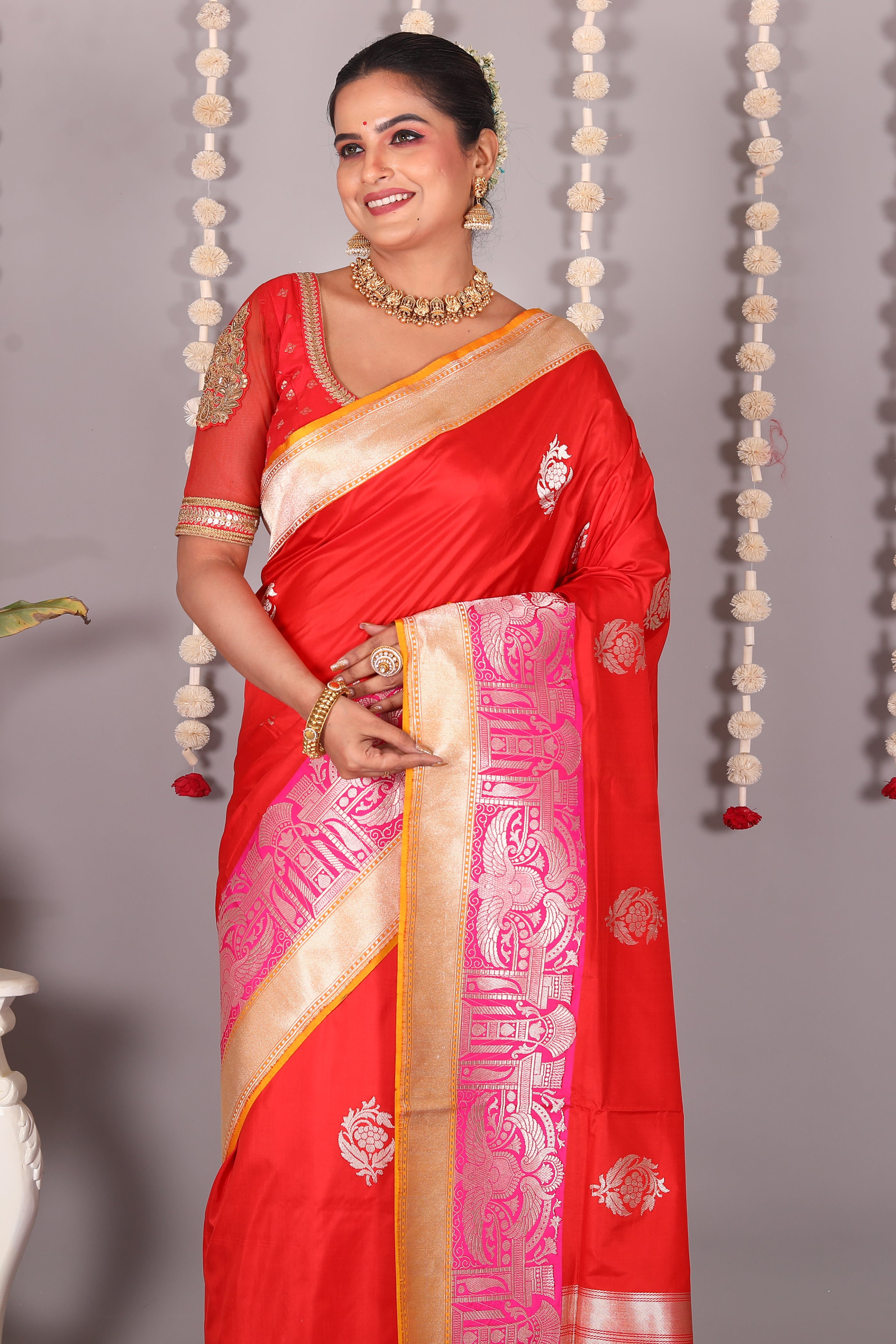 Bright Red Pure Katan Saree - Keya Seth Exclusive