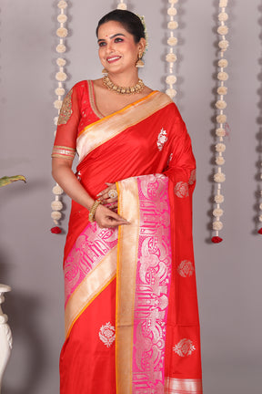 Bright Red Pure Katan Saree - Keya Seth Exclusive