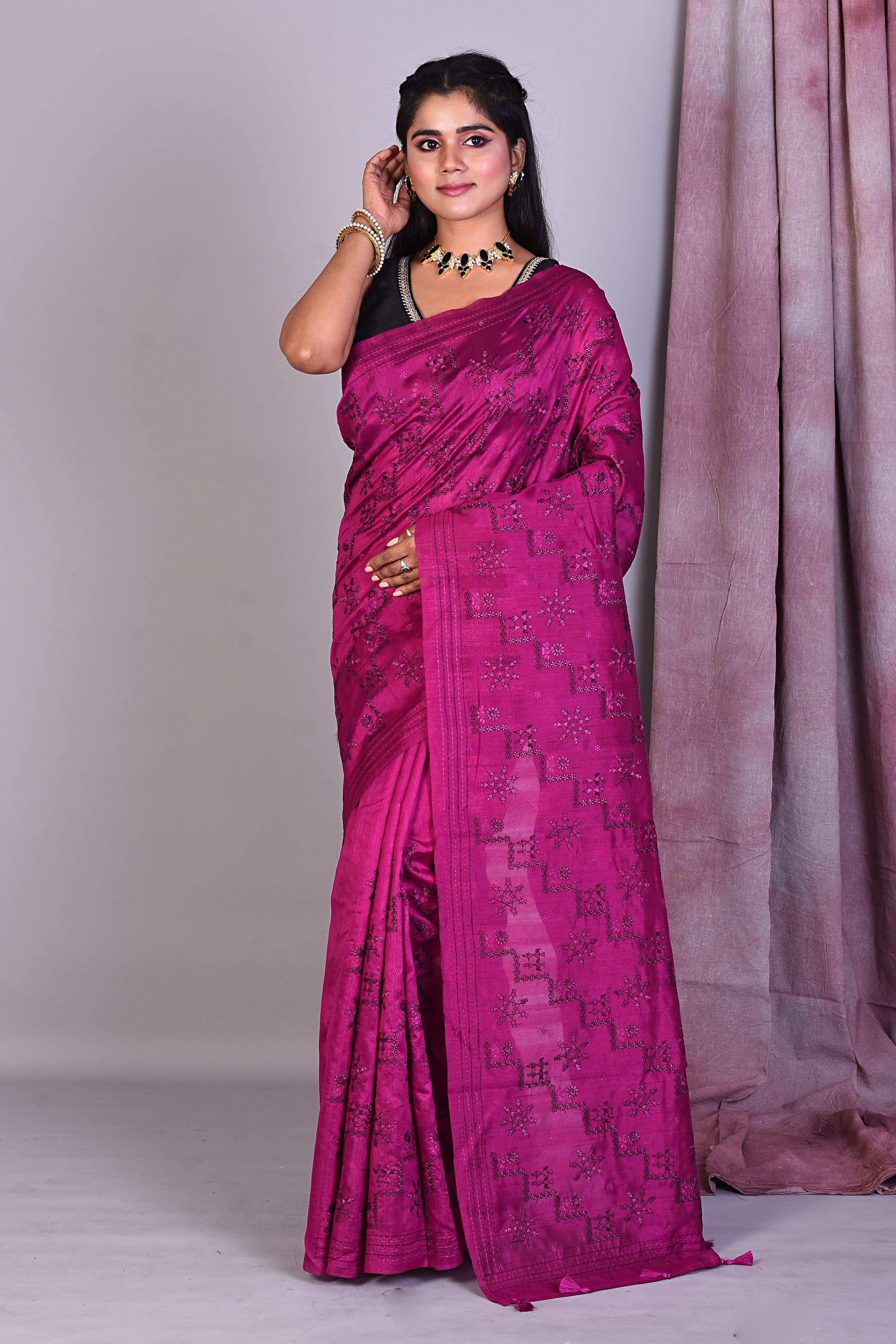 Magenta Blended Silk Saree with Threadwork - Keya Seth Exclusive