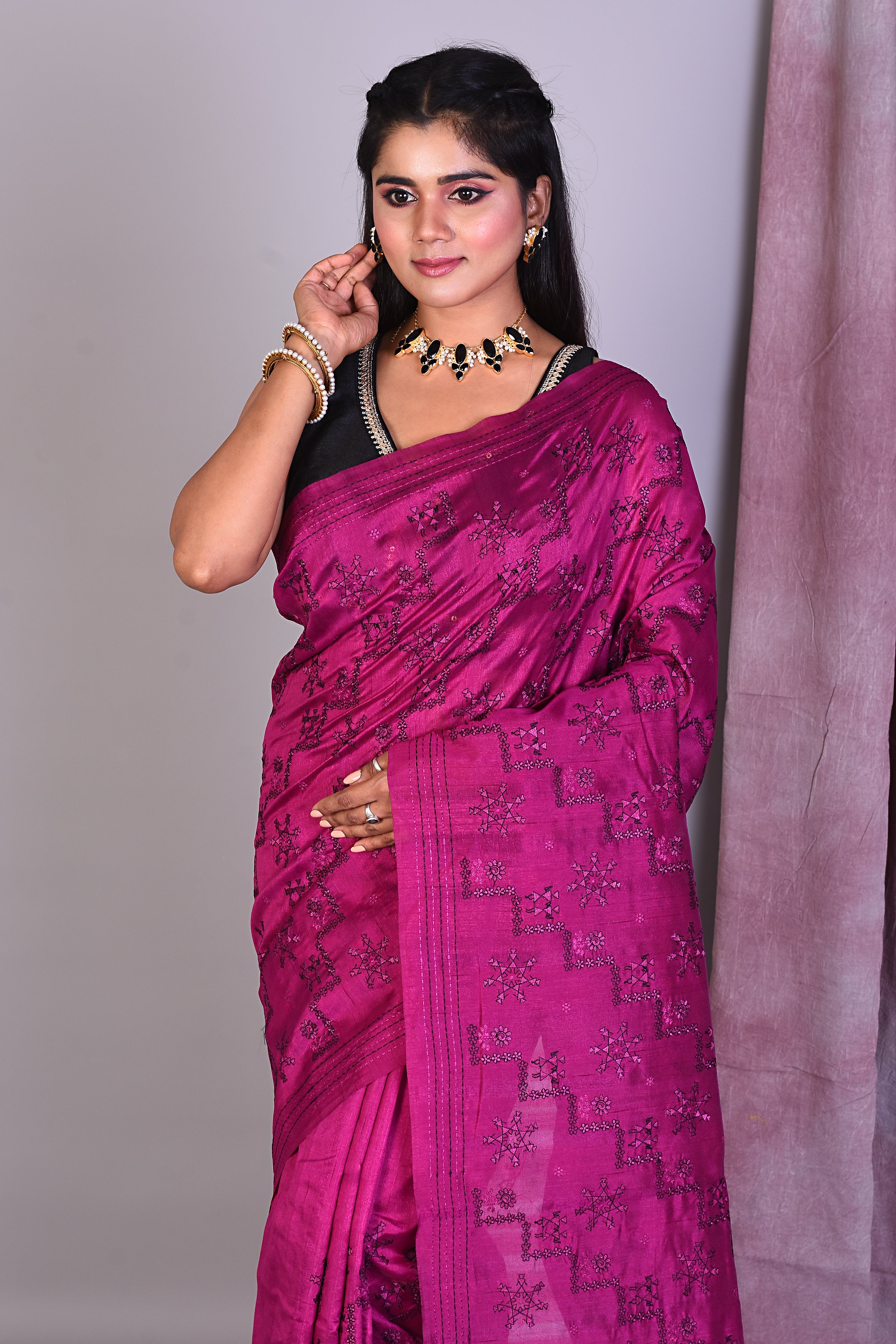 Magenta Blended Silk Saree with Threadwork - Keya Seth Exclusive