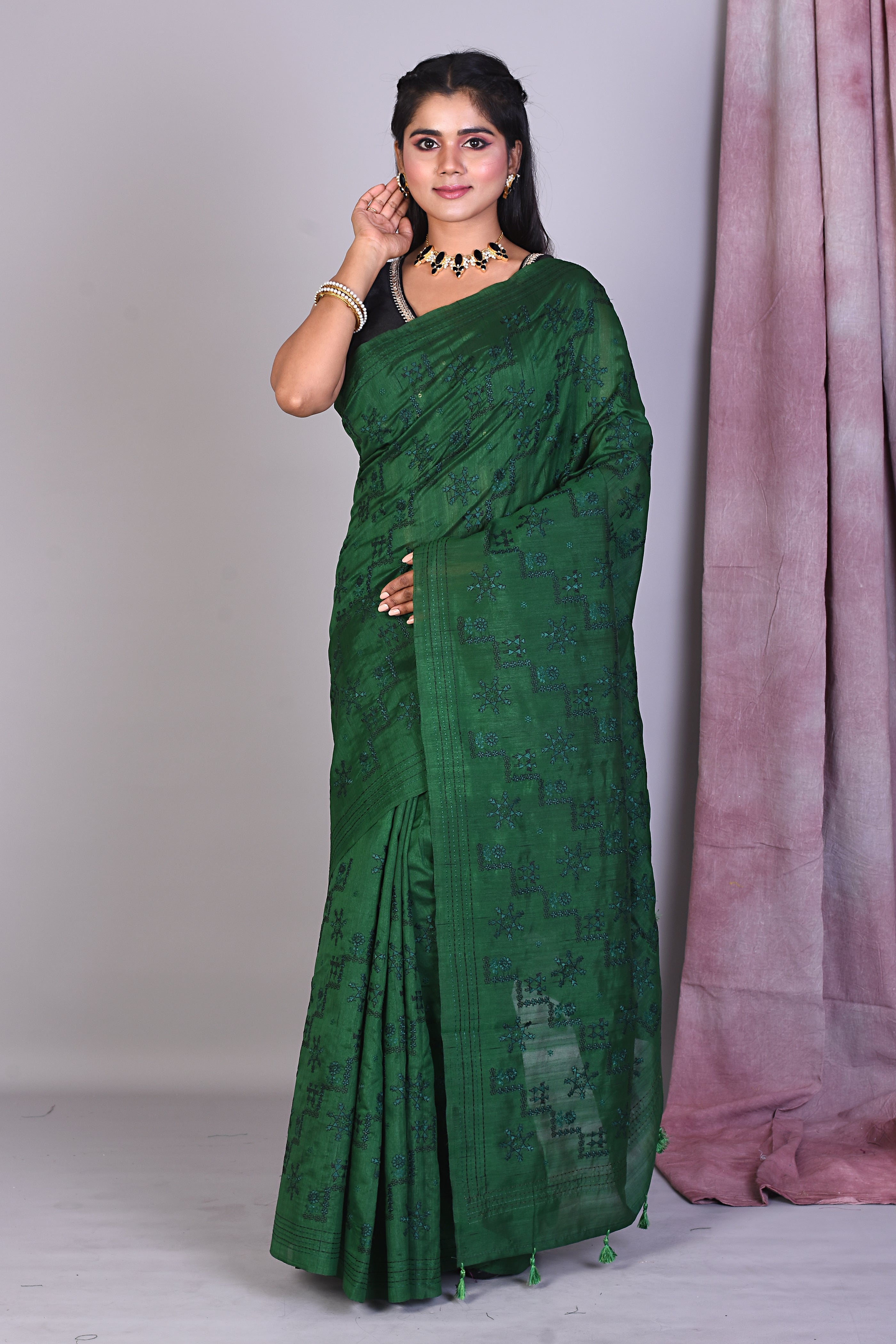 Deep Green Blended Silk Saree with Threadwork - Keya Seth Exclusive