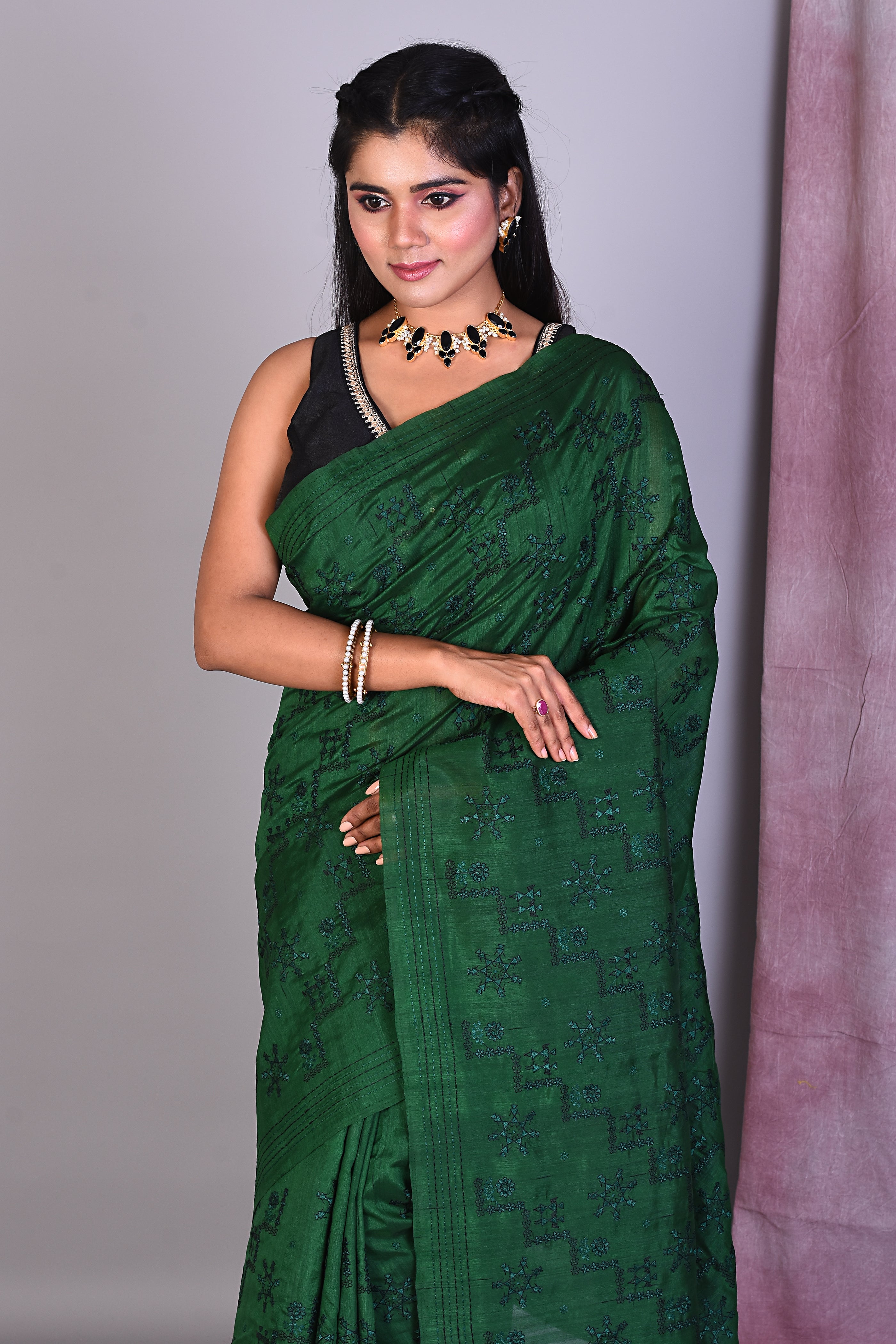 Deep Green Blended Silk Saree with Threadwork - Keya Seth Exclusive