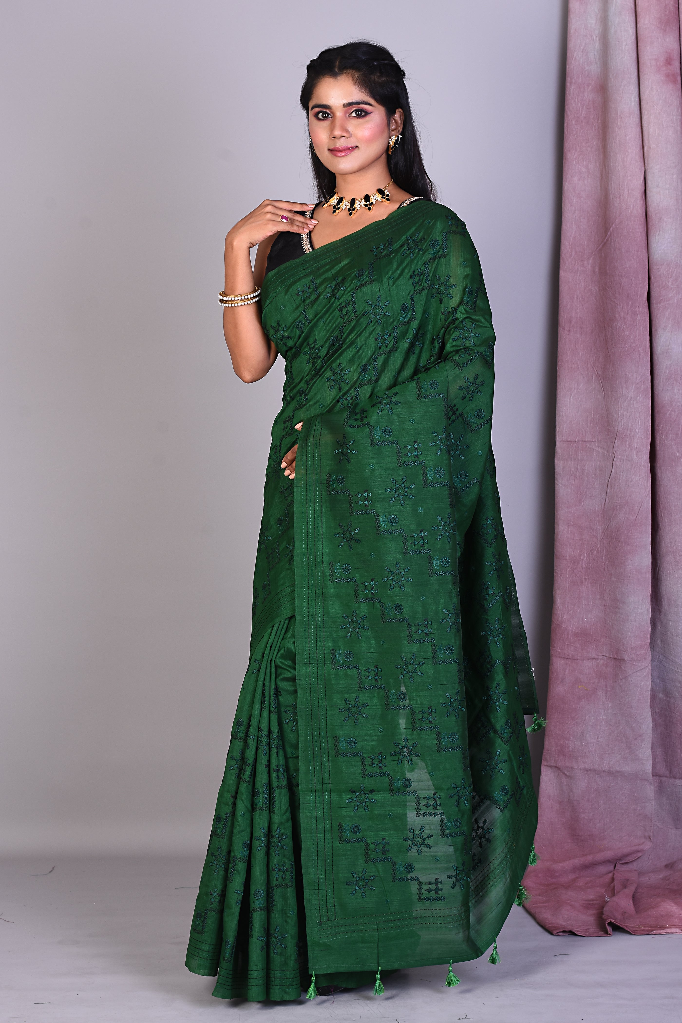 Deep Green Blended Silk Saree with Threadwork - Keya Seth Exclusive