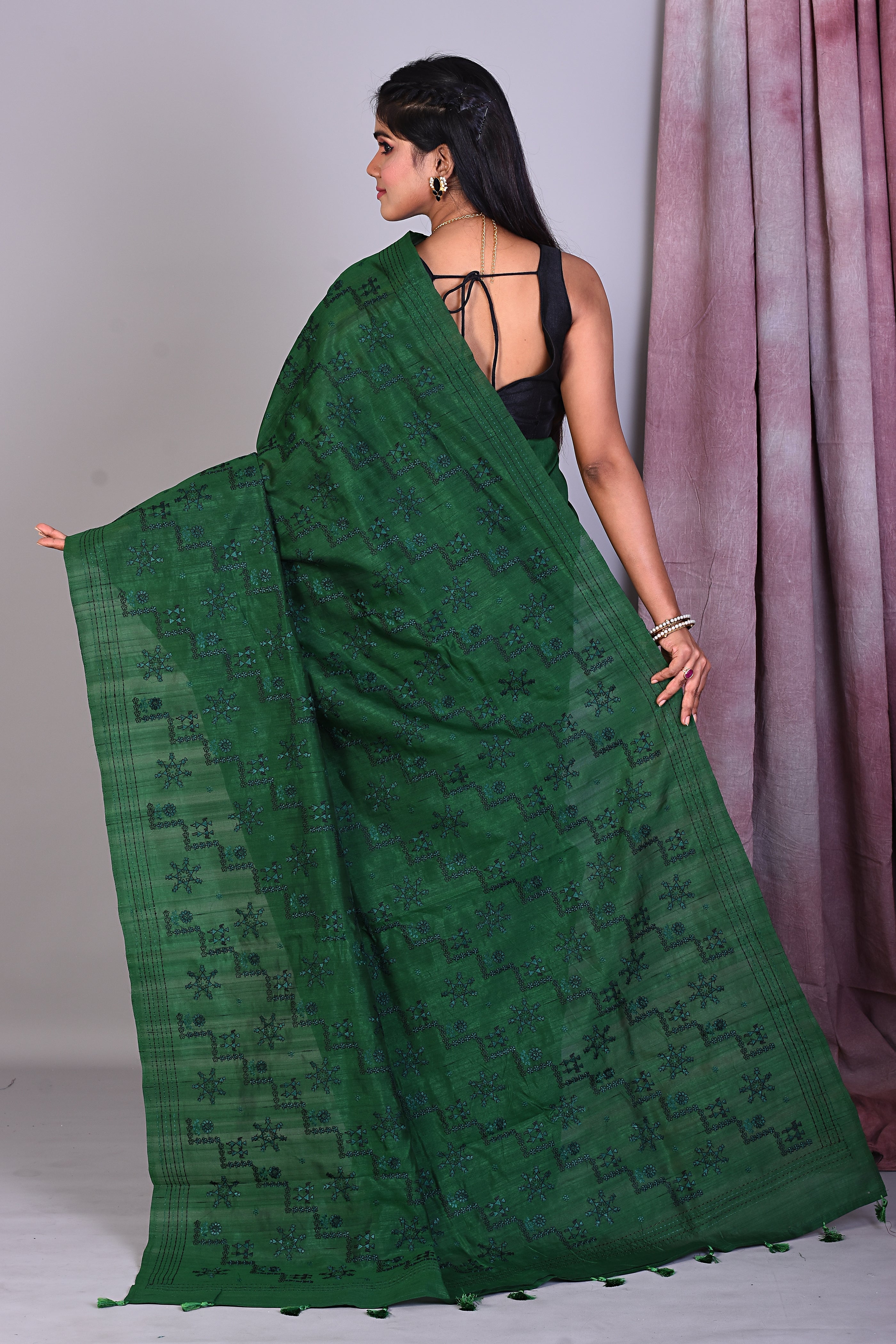 Deep Green Blended Silk Saree with Threadwork - Keya Seth Exclusive