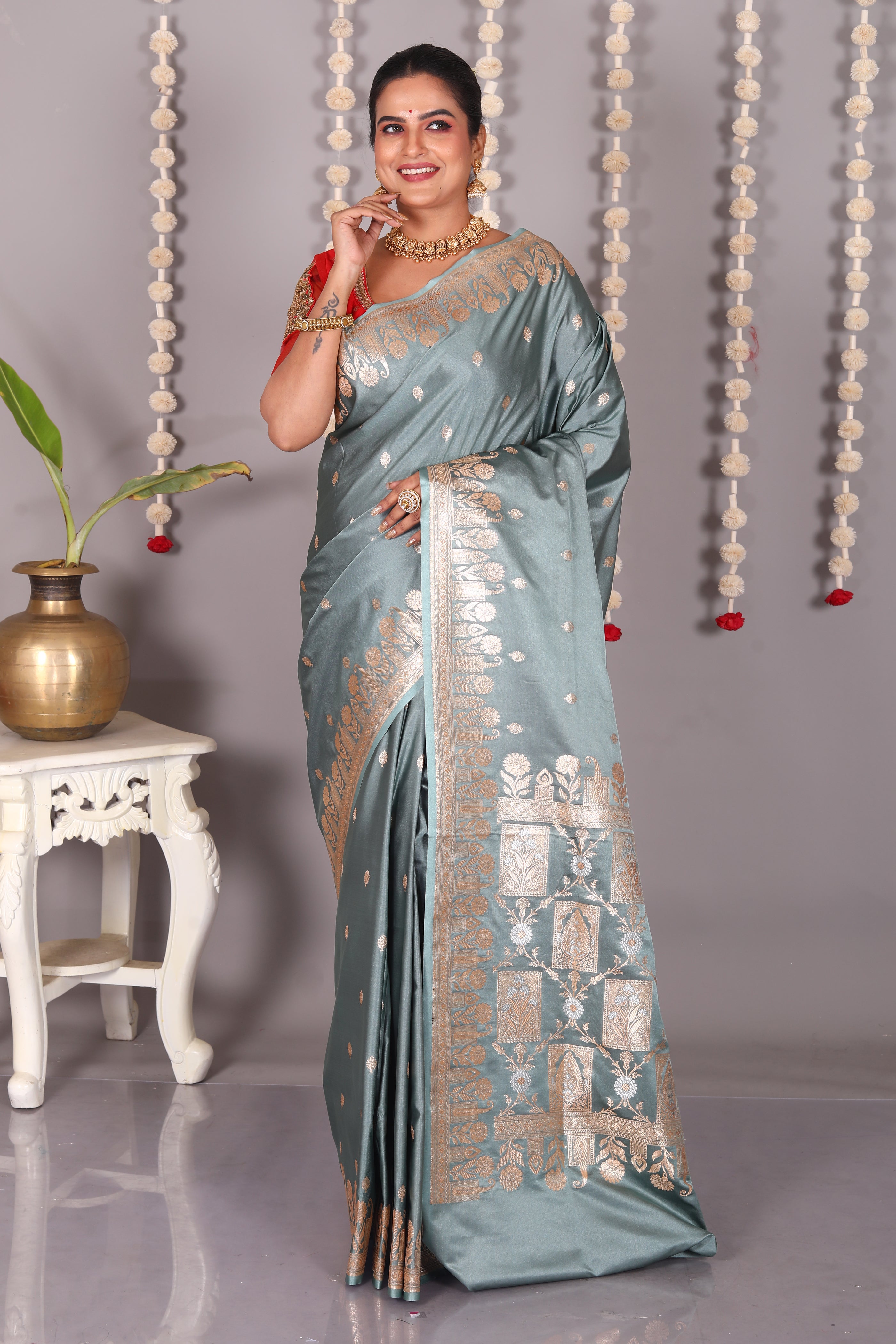 Grey Blended Mashru Katan Banarasi Silk Saree - Keya Seth Exclusive