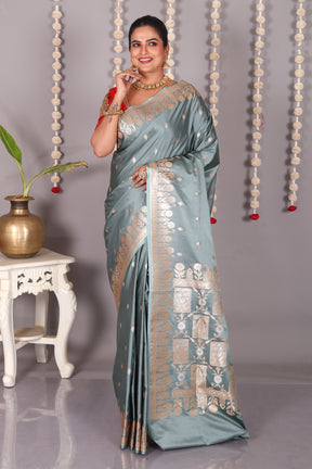 Grey Blended Mashru Katan Banarasi Silk Saree - Keya Seth Exclusive