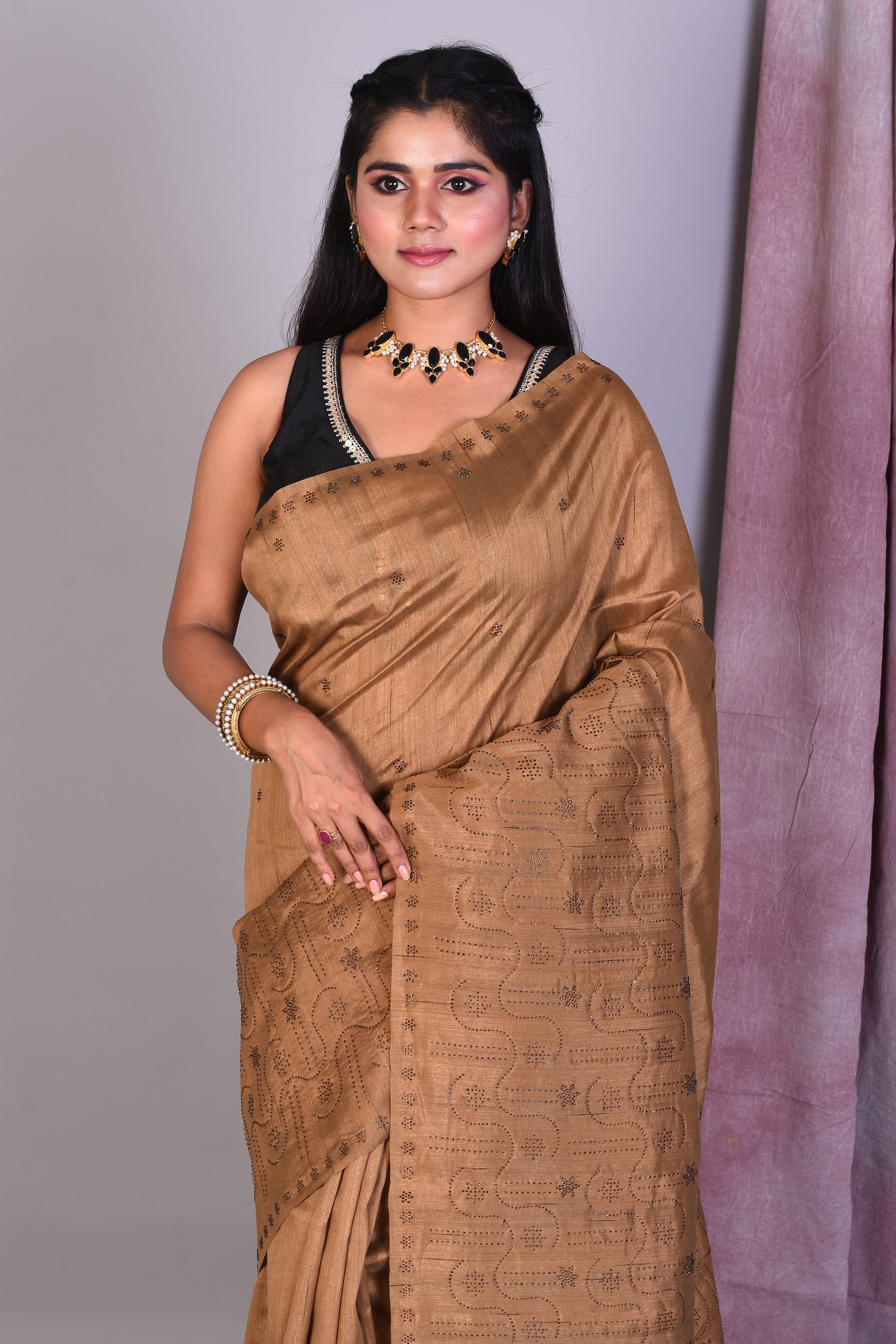 Beige Blended Art Silk Saree with Sequence Work - Keya Seth Exclusive