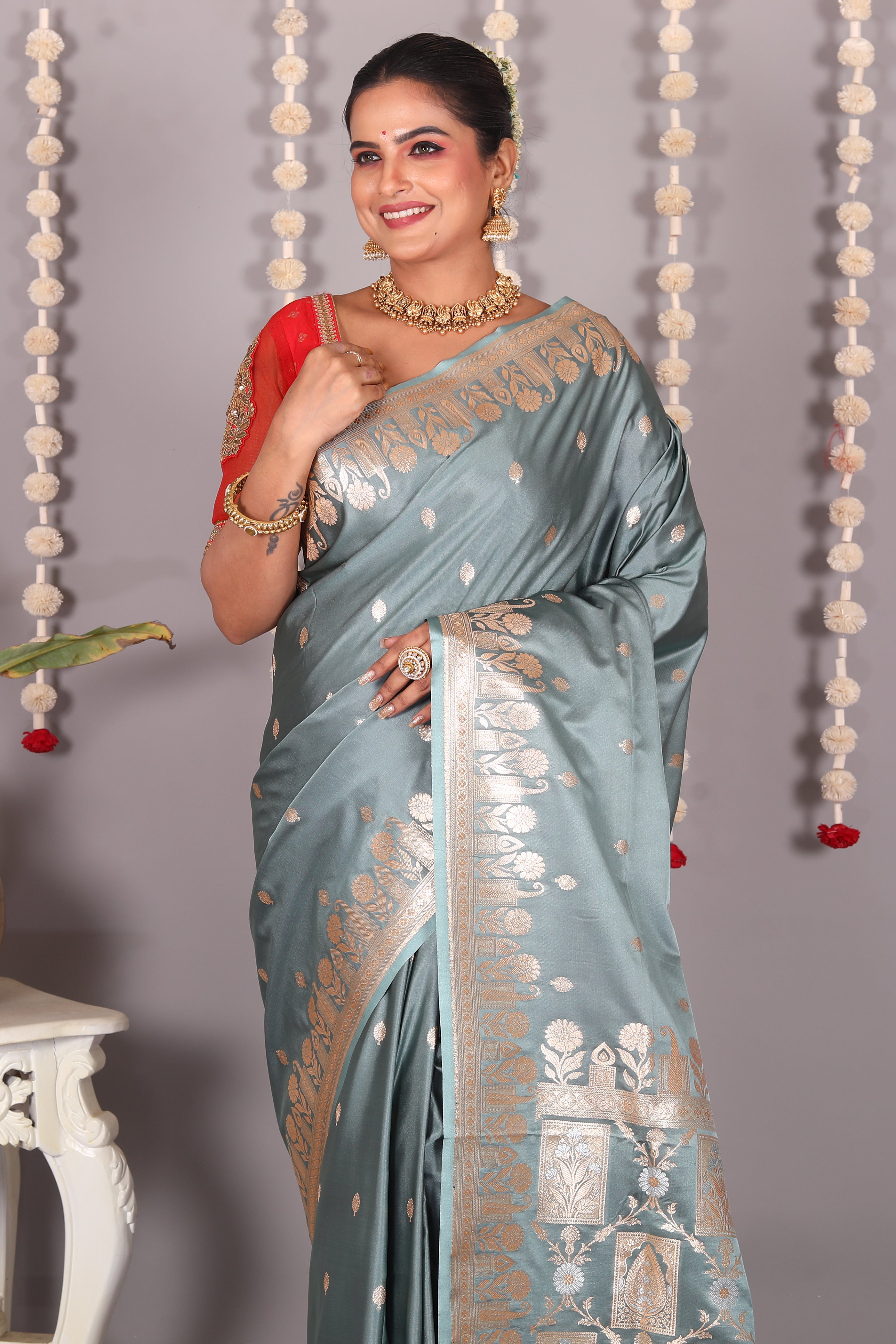 Grey Blended Mashru Katan Banarasi Silk Saree - Keya Seth Exclusive